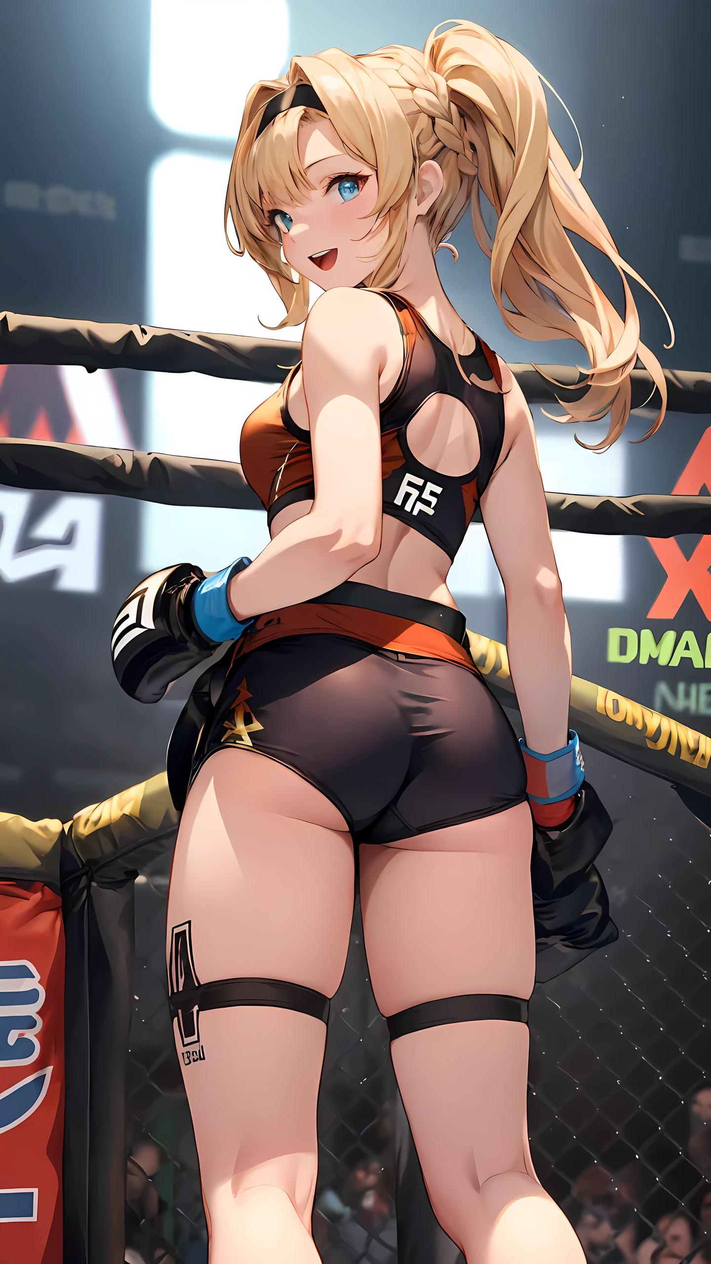 zetadef, braid, hair intakes, twintails, hairband,
Detailed eyes,(wearing sports wear:1.5, bare thigh), Her slim legs are really cute.,Very beautiful long legs, Perfect body,(Independent),(on MMA Arena :1.5), smirking, open mouth, Toned body, Ultra HD,Detailed eyes,Detailed face, cowboy shot, looking at viewer,(from behind below),long legs,twisting the waist,depth of field,