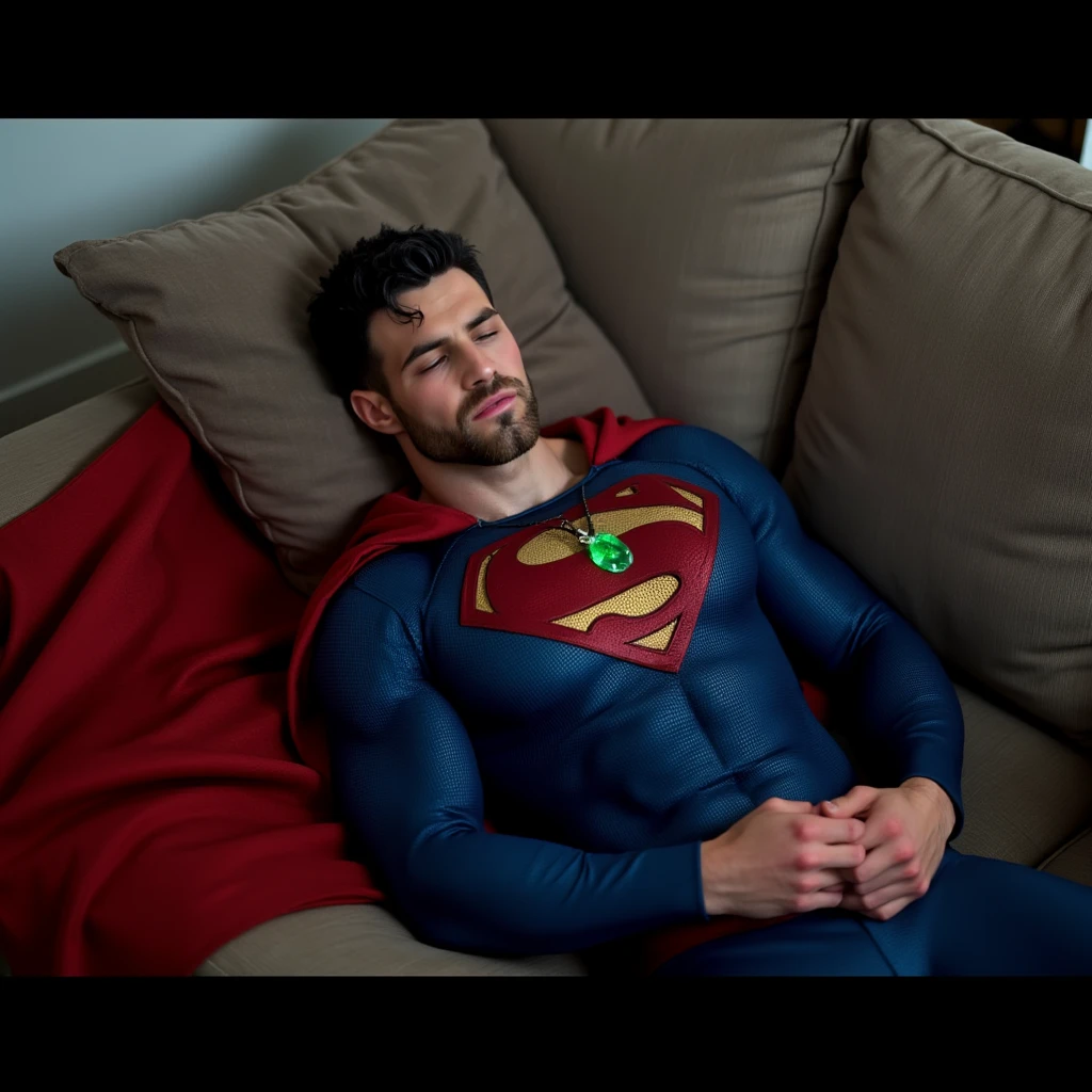 p4yn3. wearing a blue Superman costume, Superman suit, His chest displays the iconic "S" symbol. Superman's traditional red cape is present, attached to the shoulder and flowing behind him, lies on a sofa at home, pained facial expression, almost unconscious, eyes closed, a glowing emerald green crystal pendant hanging around his neck,