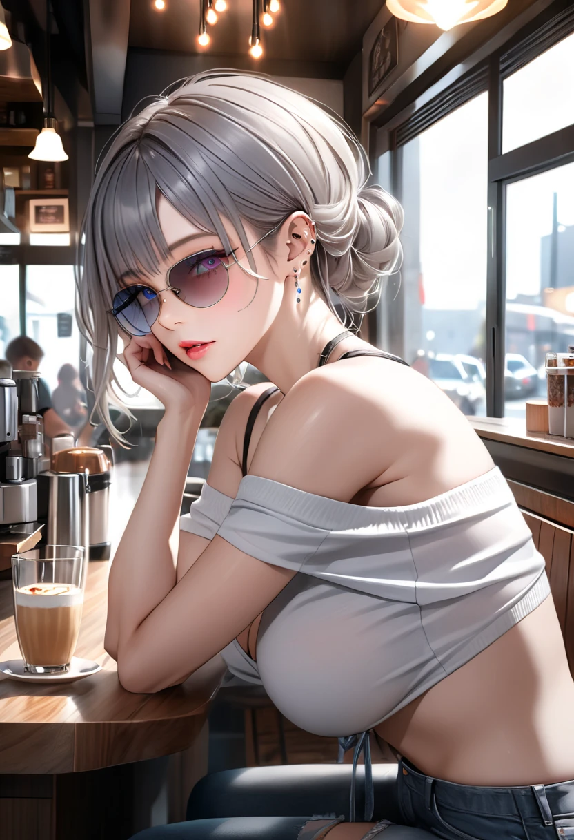  top quality , masterpiece,   ultra high resolution, ( photorealistic : 1.4),  RAW photos ,  1 girl,  off shoulder,  cinematic lighting , Kissing Pose,  sunglasses、I wear a lot of piercings、 heterochromia, Gray Hair, Gray Hair、Beautiful breasts、Butt、I'm sitting at the counter seat at a cafe、