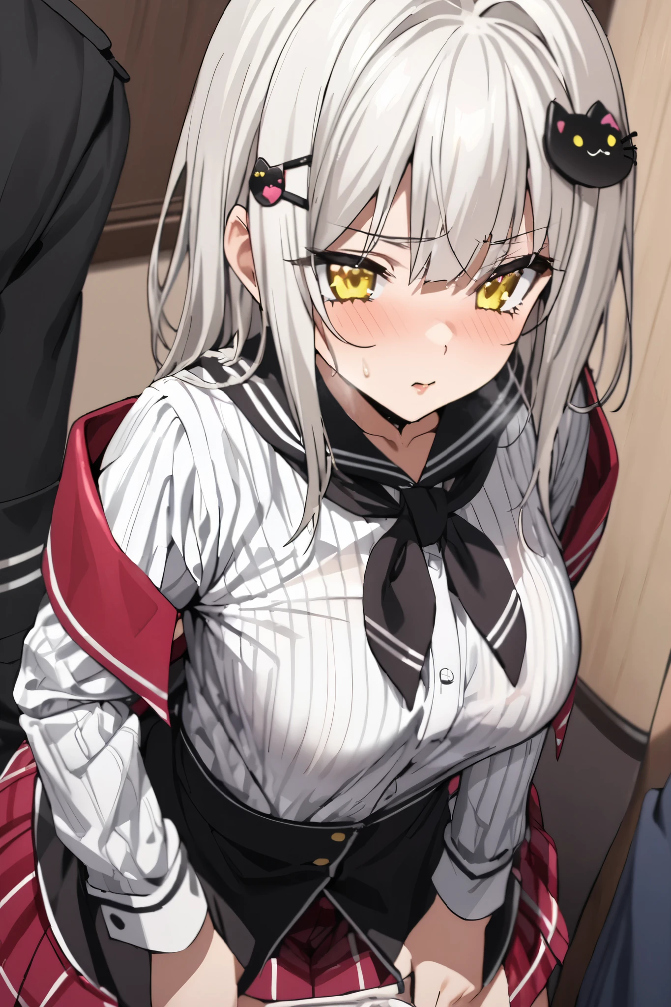 NSFW,masterpiece, top quality , high definition , very detailed,Tojo kitty cat、 hair ornament、 yellow eyes、White Hair, skirt、uniform、 shirt、白い shirt、襟付き shirt、 neckerchief 、黒い neckerchief 、 Long Sleeve 、赤い skirt