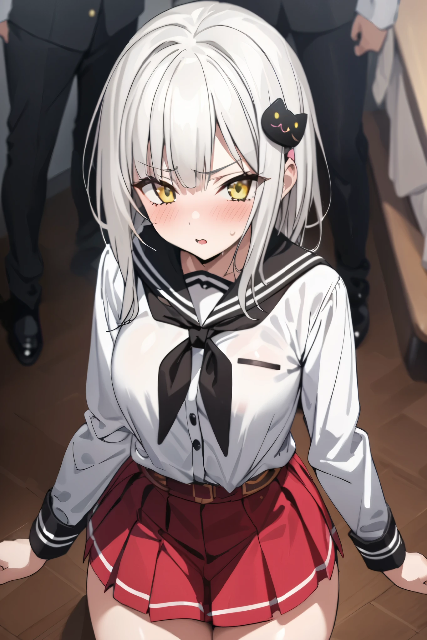 NSFW,masterpiece, top quality , high definition , very detailed,Tojo kitty cat、 hair ornament、 yellow eyes、White Hair, skirt、uniform、 shirt、白い shirt、襟付き shirt、 neckerchief 、黒い neckerchief 、 Long Sleeve 、赤い skirt