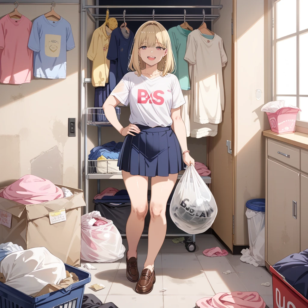 score_9, score_8_up, score_7_up,panties and bras are into sheer-trash-bag/},alp,
,1girl, holding panties, hand on hip, 
blonde hair,  (half twin:1.3), BREAK, t-shirt, skirt,
shoulder length, 
decluttering, chest of drawers, {{{she is putting panties in trash bag}}}, translucent-trash-bag, 

,naughty smile, open mouth, look down at viewer, {{{shaded face}}}, masterpiece,absurderes, beautiful detailed face

indoors,  laundry room,  laundry bascket, i can see that inside of trash bags,focus on trash bag,BREAK, skirt,BREAK,focus on trash bag,{{{trash-bag}}}, {{{Translucent-trash-bag}}},focus on translucent-trash-bag,