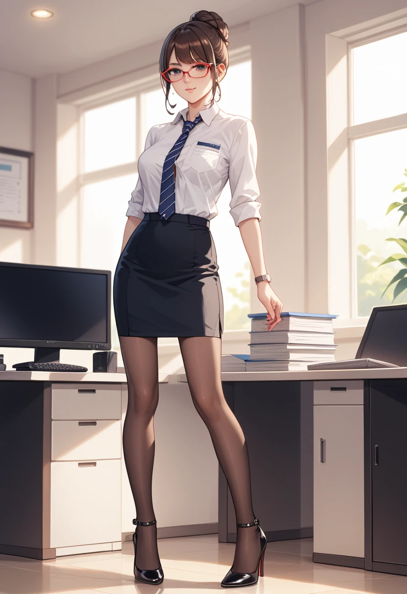 Show entire body, feet in view, high resolution, Robin thede, tight cut off button down shirt, short skirt, pantyhose, no shoes, office, 
