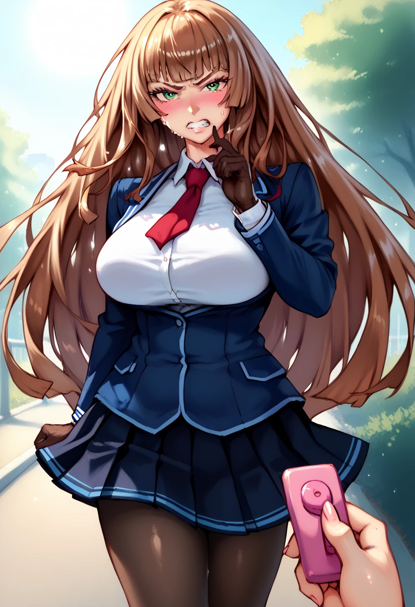 koukawa asukai, brown long hair, long hair, green eyes, large breasts,high school uniform,miniskirt, black pantyhose,score_9, score_8_up, score_7_up, perfect hands, perfect finger,perfect anatomy, masterpiece, best quality,realistic, hyperrealistic, 16k hdr,1 mature female,outdoor,high school,sun shine,strong wind,sweat,(red blush,angry:1.2),(POV holding vibrator remote),(strong wind:1.1)