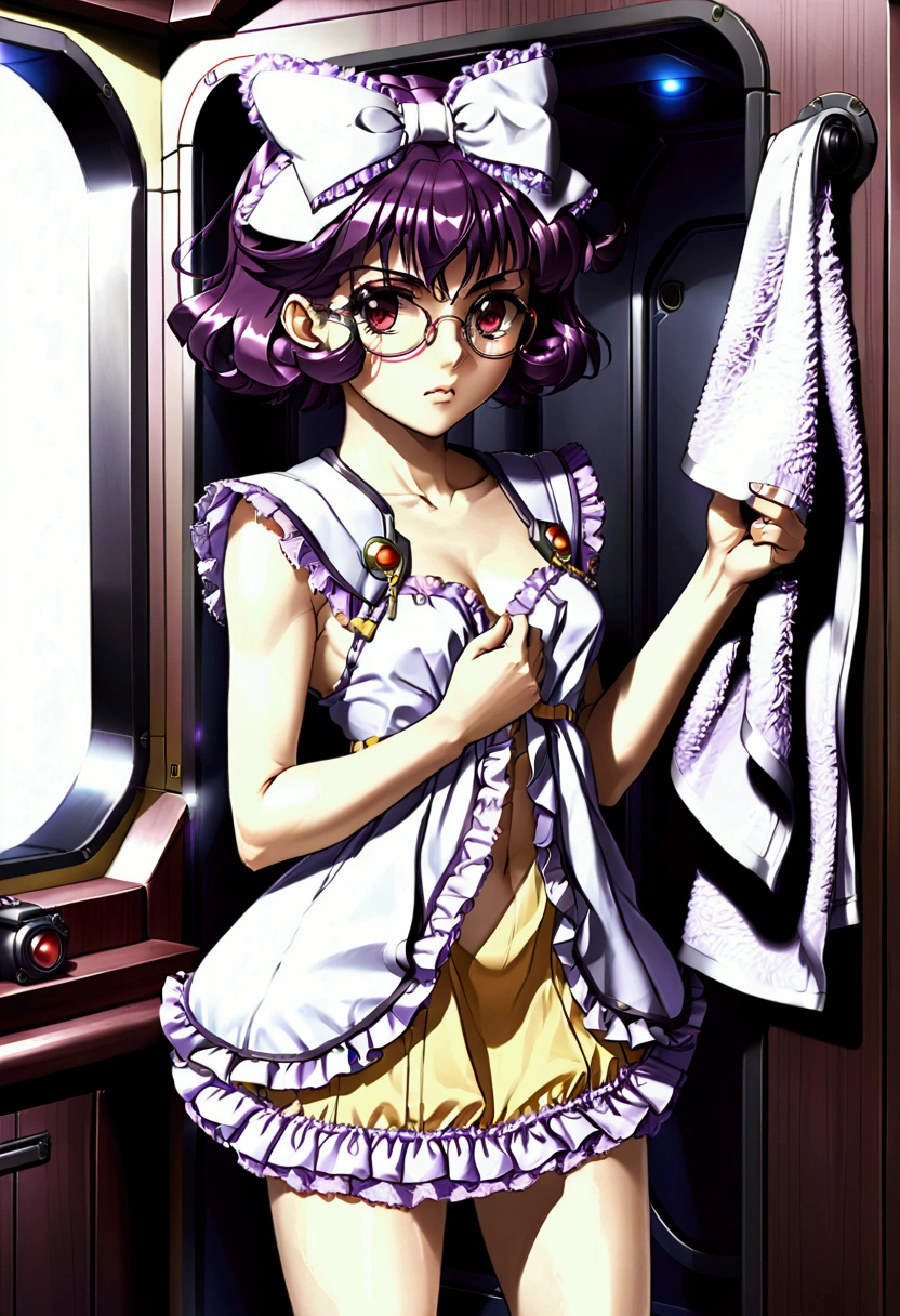 Latooni suvota from Super Robot Wars OG. Nerd, timid, big round thick glasses, serious,  ((naked under small towel)), (shy and panic). Short shoulder length Purple hair, pale skin. ((Refusing frilly dress)), (dynamic movements) . Sci-fi high tech Ship's private cabin, . 