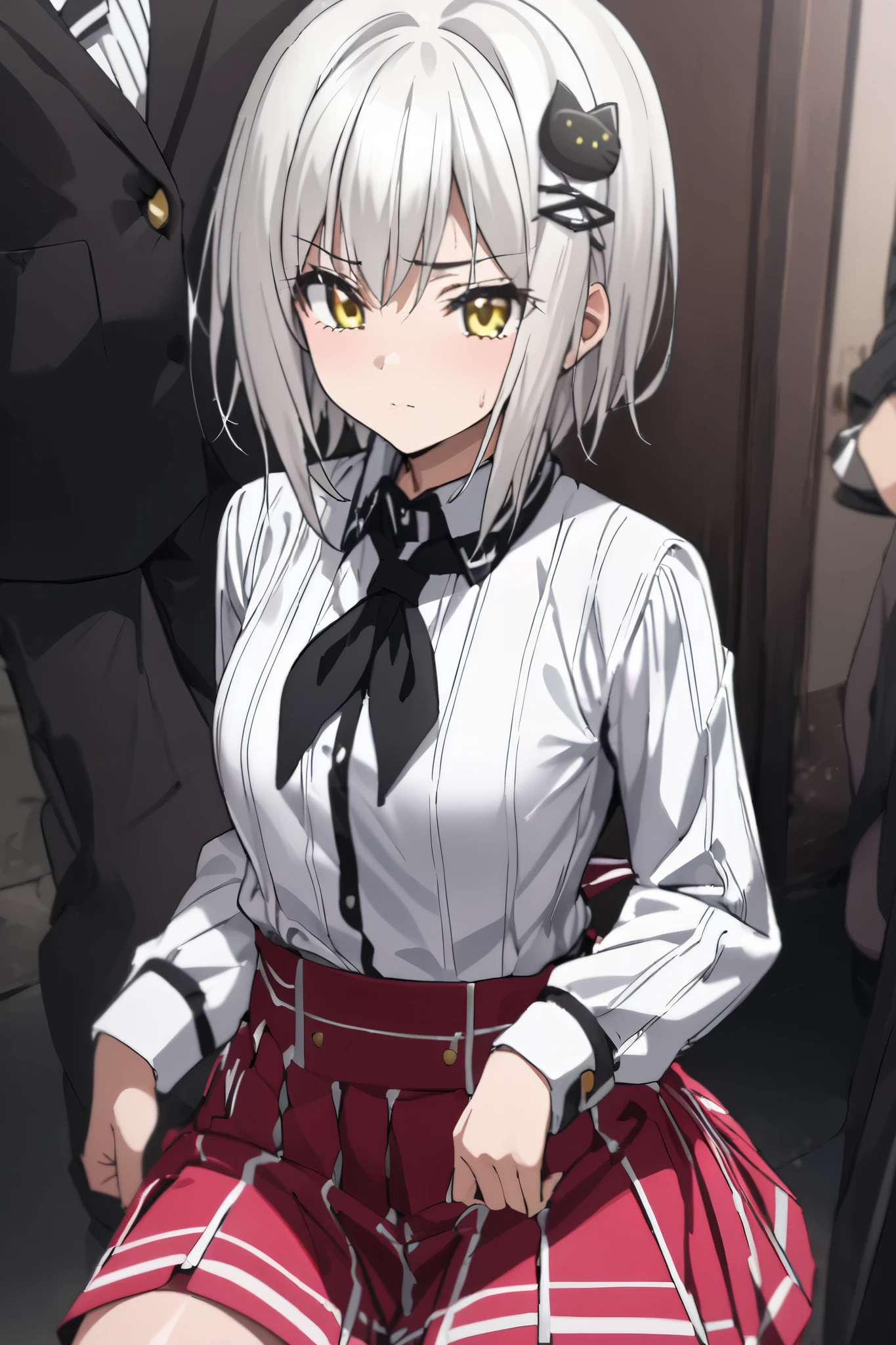 NSFW,masterpiece, top quality , high definition , very detailed,Tojo kitty cat、 short hair、 hair ornament、 yellow eyes、White Hair, skirt、uniform、 shirt、白い shirt、襟付き shirt、 neckerchief 、黒い neckerchief 、 Long Sleeve 、赤い skirt