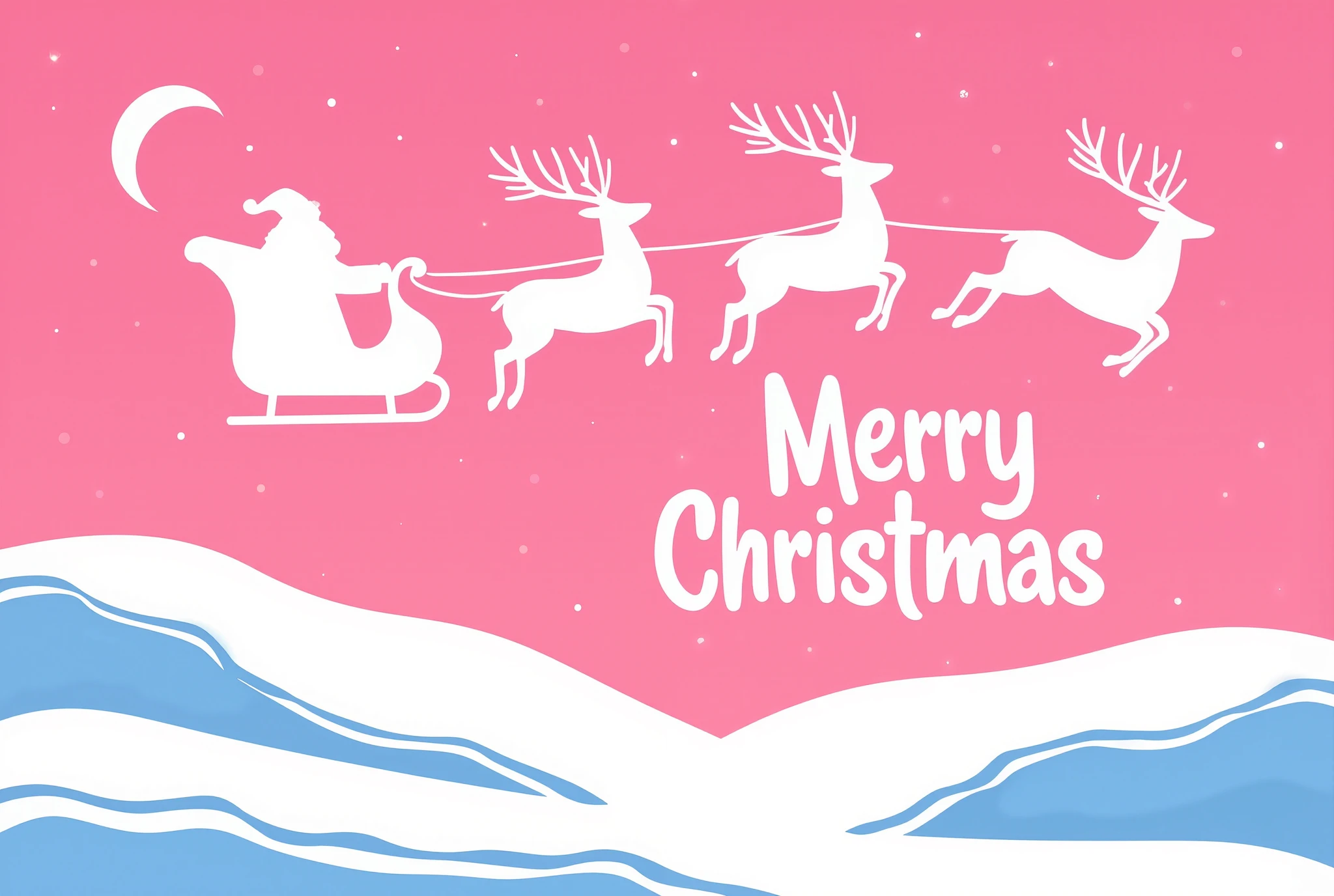 masterpiece, Best Illustration ,The white silhouettes of Santa and the reindeer flying with their backs to the moon are shown,,("  merry christmas"Draw the pop characters of:2.0),(Illustration based on white and pink:2.0),( pink background:2.0),(Ice crystals:2.0),