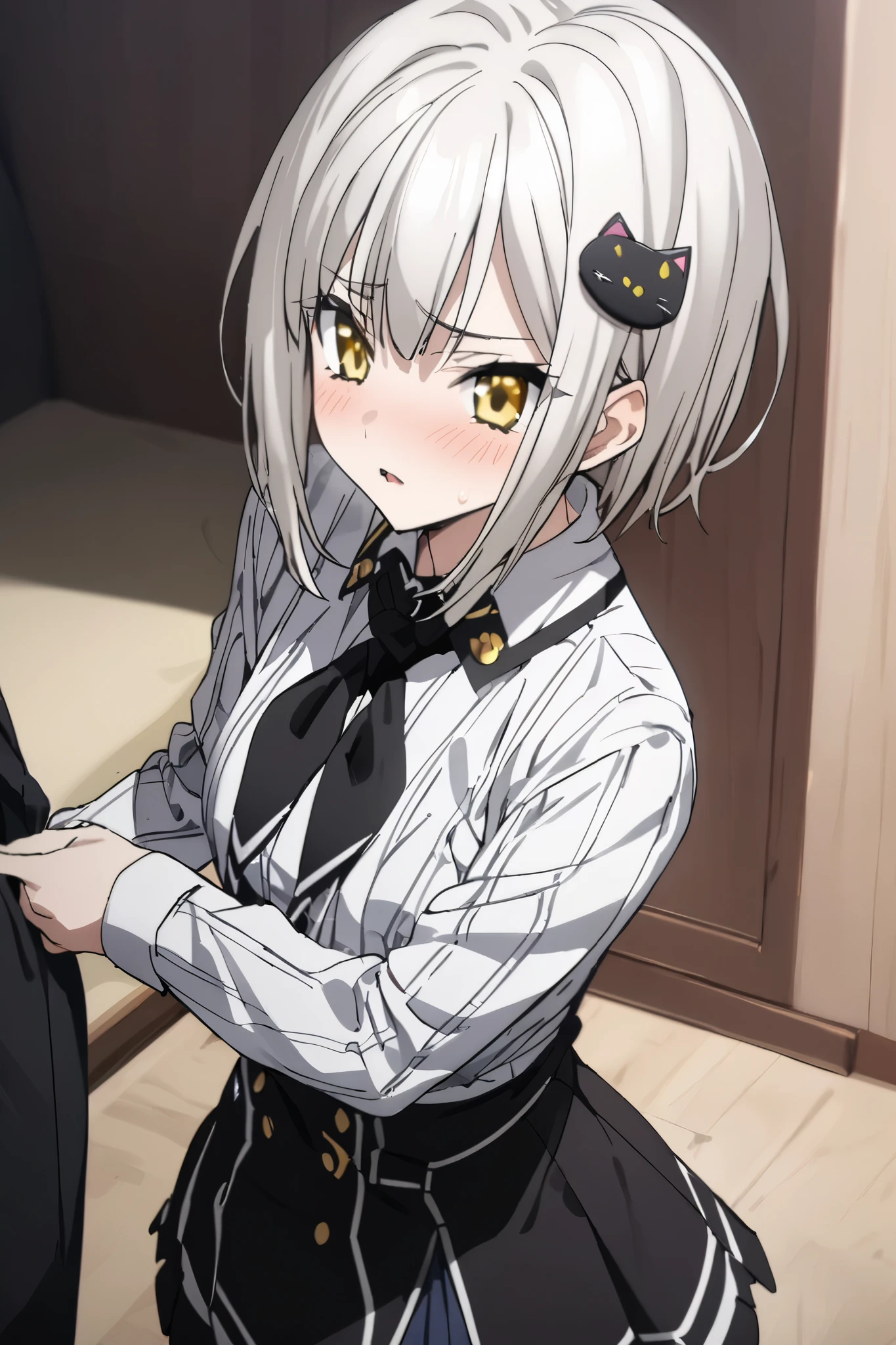 NSFW,masterpiece, top quality , high definition , very detailed,Tojo kitty cat、 short hair、 hair ornament、 yellow eyes、White Hair, skirt、uniform、 shirt、白い shirt、襟付き shirt、 neckerchief 、黒い neckerchief 、 Long Sleeve 、赤い skirt