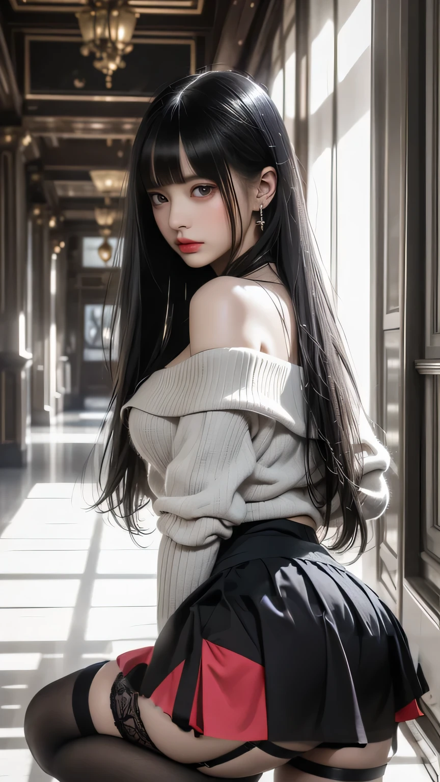 Arafed asian woman sitting on the floor in a hallway - SeaArt AI