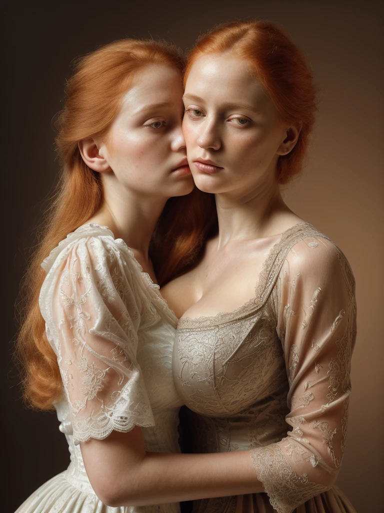 a girl whispering into another girl's ear, overhead view, 1800s aesthetic, redhead and blonde hair, sharp facial features, (gigantic breasts:1.3),beautiful detailed lace dress, long puff sleeves, cinched waist, refined silk or fine cotton fabric, elegant victorian fashion, detailed fashion illustration, high quality, realistic, photorealistic, 8k, masterpiece, intricate embroidery, delicate lace patterns, opulent textures, sumptuous folds, dramatic lighting, warm color palette, chiaroscuro, oil painting style (best quality,4k,8k,highres,masterpiece:1.2),ultra-detailed,(realistic,photorealistic,photo-realistic:1.37),concept art,dramatic lighting,muted color palette,intricate details,fine art painting