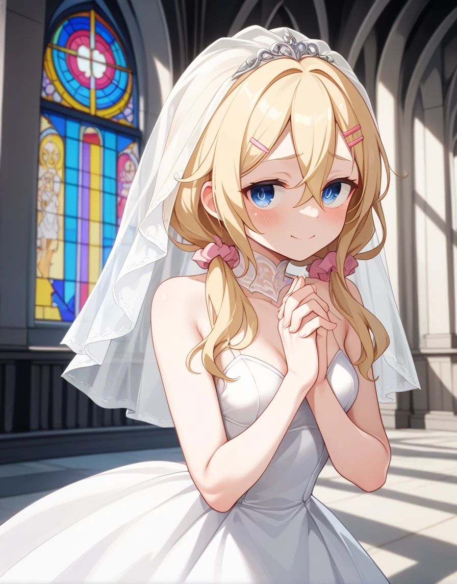 nsfw, woman、 high image quality、((hairs between eyes))、low twintails 、Blonde color、(((droopy eyes、Blue Eyes)))、wavy hair、 downward-slanted eyebrows、smile、embarrassed ,hairclip　salmon pink left、hair scrunchie pink color,, , pale white skin , ,medium breasts,((wedding dress veil ))、(((church stained glass ))),standing ,(((elementary school student ))), short , small breasts , hands together, pray