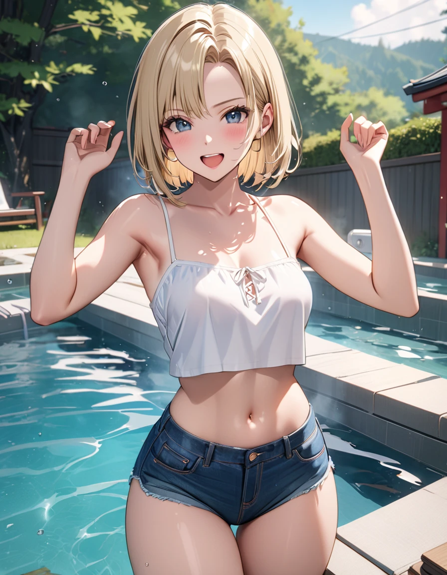 blond haired girl in a blue bikini posing by a pool, photorealistic anime girl render, realistic anime 3 d style, realistic bikini, photorealistic anime, [ 4 k photorealism ]!!, artwork in the style of guweiz, anime style mixed with fujifilm, 3 d anime realistic, render of a cute 3d anime girl, [ 4 k photorealism ]!!!