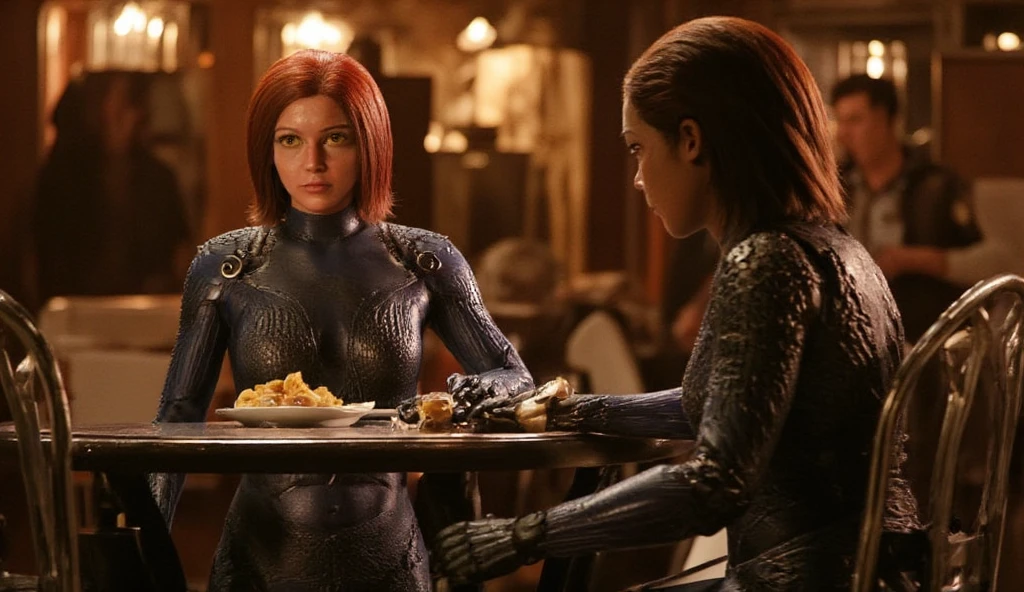 2girls (mystique with blue skin and yellow eyes and red hair) and (Alita
wears a mecanical robot bodysuit with black hair), Mystique and alita sitting at a restaurant, eating together, daytime