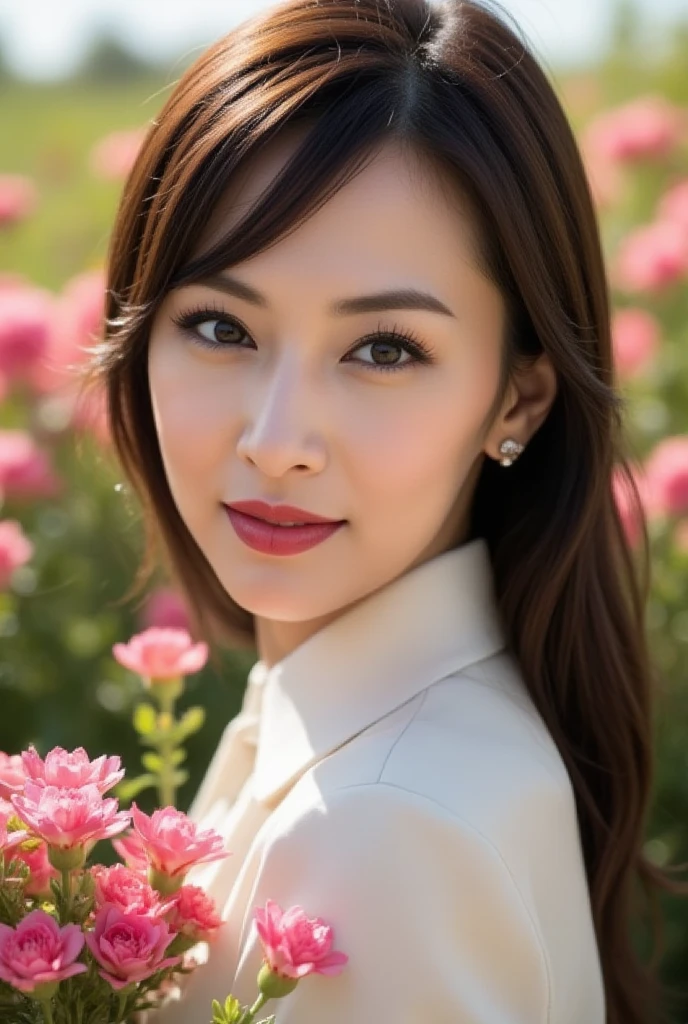 Mature Woman, ( Detailed description of the hair), (Detailed description of the face), (Detailed description of the body), high definition , masterpiece,  top quality ,  high detail, formal: 1.4), ( realistic : 1.2, 超 realistic な: 1.1,  realistic: 1.37), (Sharp focus: 1.4),  is written by,  PHYSICAL BASED RENDERING, half updo,  unrivaled beauty , (Ultimate beauty), (lipstick:1.1), ( eyeliner :1.2), ( mascara), ( Eye Shadow ), (48 years old,: 1.4), Japanese、 closeup 、 fine lines of laughter :1.2、seductive smile,(Bordeaux x cropped shirt)、(flower field background )