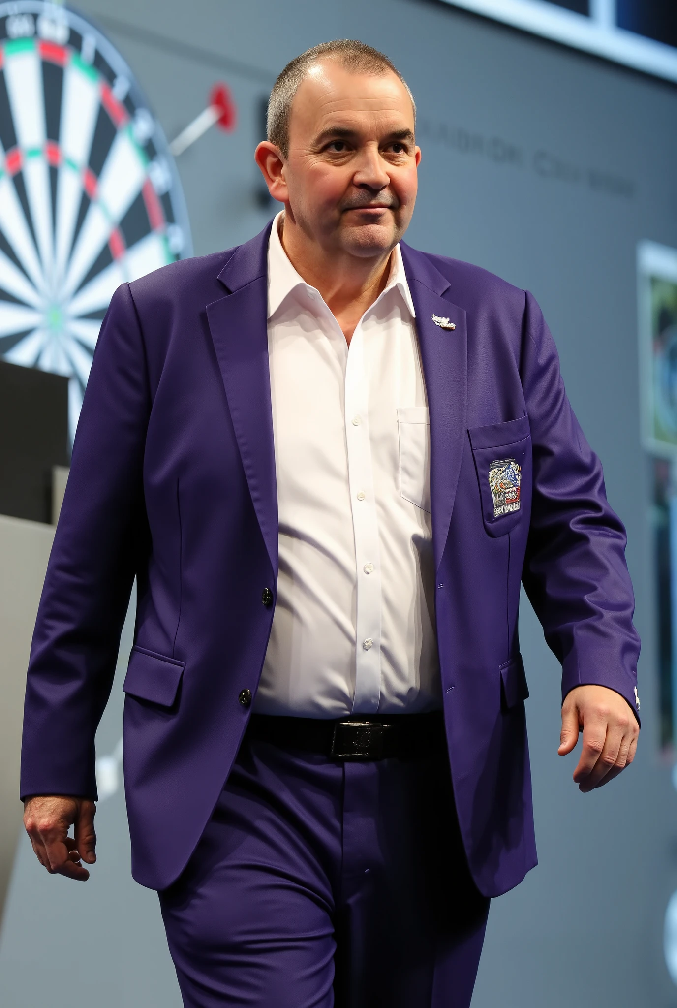 A high-resolution photograph of Phil Taylor wearing a vibrant purple suit with a white dress shirt, standing in a dynamic pose.