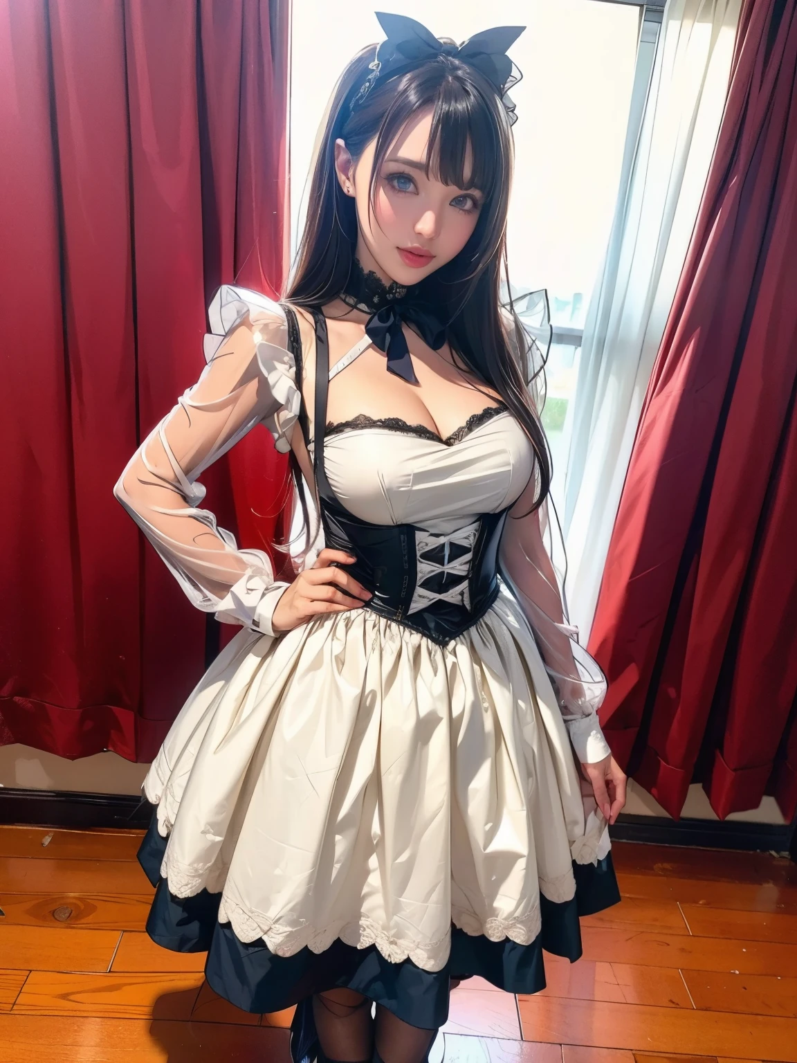 (((highest quality, debris flies, ultra high resolution、the most complex and detailed depiction、Awards, 8K、明るくBrilliantな)))、(1 Beautiful and finest royal court prostitute maid princess)、(accurate anatomy:1.3)、(A very brightly lit prostitute maid princess:1.2)、(Most gorgeous victorian maid dress rack and luxurious long skirt white maid outfit、Finest giant black and white maid princess costume、Dress rack and white maid Dress rack and white maid Dress lil apron and black and white maid outfit)、((The background the most luxurious Victorian prostitute room、The finest rooms of the royal brothel、The royal palace's finest brothel、Brilliant、very moody lighting、so gorgeous、Luxury beyond imagination、prostitute'Bedroom decorated with many ornaments,、Very complex and detailed background、highly complex and detailed textures))、(look at me and smile、the happiest smile、emphasize body line、big and full breasts)