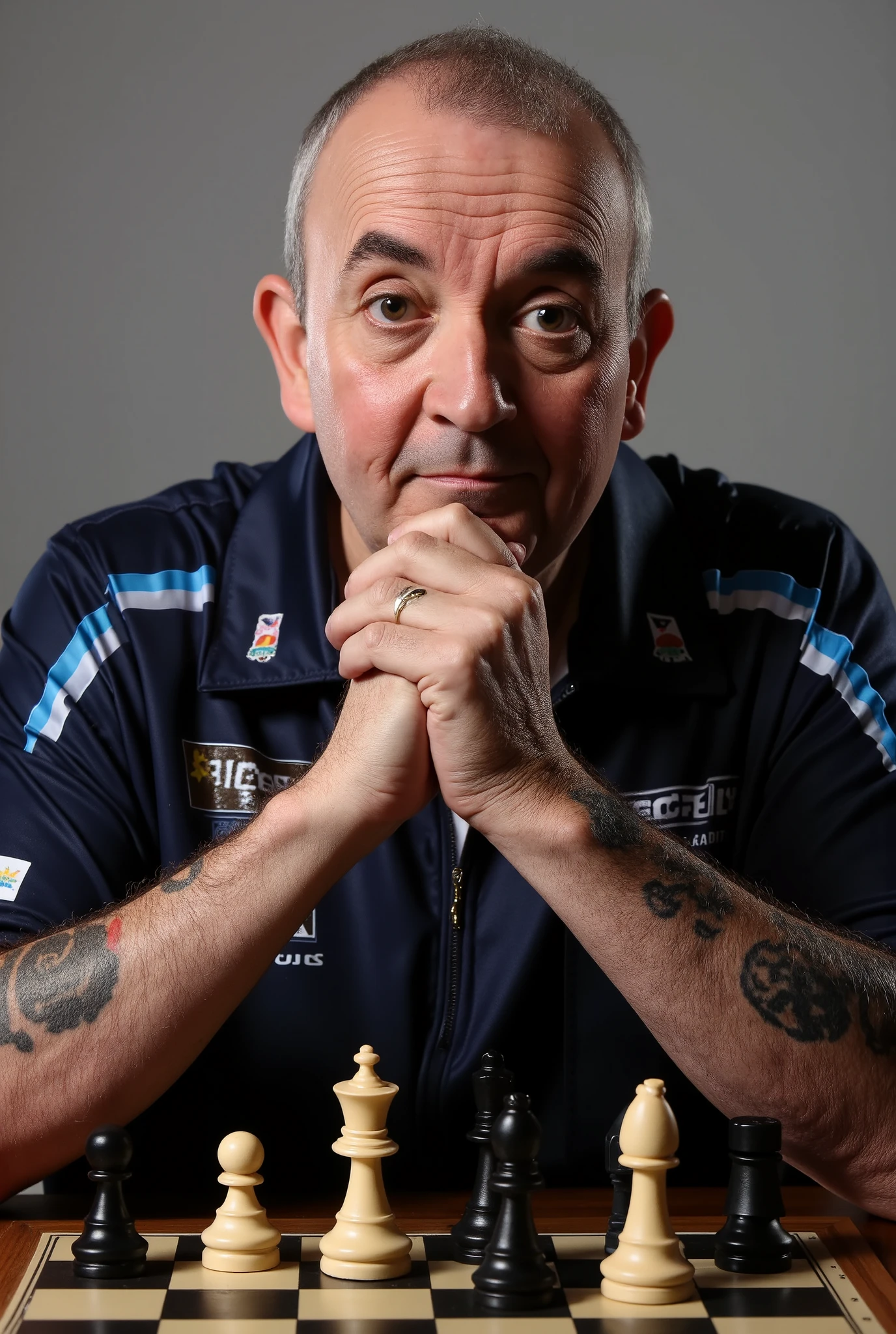 A high-resolution photograph of Phil Taylor sitting behind a chessboard, chin resting on his hands, looking down contemplatively