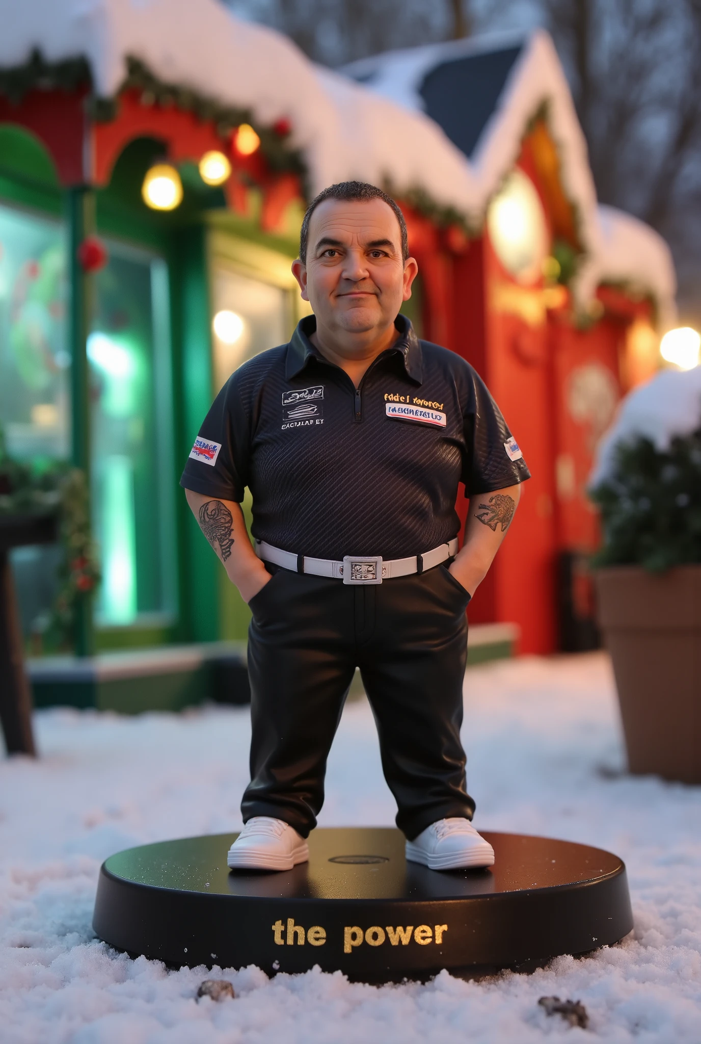 This is a high-resolution photograph of a detailed, miniature action figure of Phil Taylor, standing on a round, black base. The figure, which appears to be modeled after a portly dart player, has a rugged, intense expression. He is wearing a darts shirt with a silver belt and black pants. The figure also wears white sneakers. The figure is positioned centrally in the image, with its hands in pockets, giving it a stance that suggests relaxation. 3d text reading "The Power" is engraved in gold in the base. The background is slightly blurred, with a bokeh effect that highlights the figure and creates a sense of depth. The background appears to be an outdoor, snowy Christmas setting, with festive lights and elements. The colors in the background are warm and vibrant, with a mix of green, whites, and red hues, suggesting it might be a park or a public space during winter. The lighting is from Christmas lights, casting soft shadows and adding a warm glow to the scene. The overall mood of the image is dynamic and focused, emphasizing the detailed and expressive miniature figure.