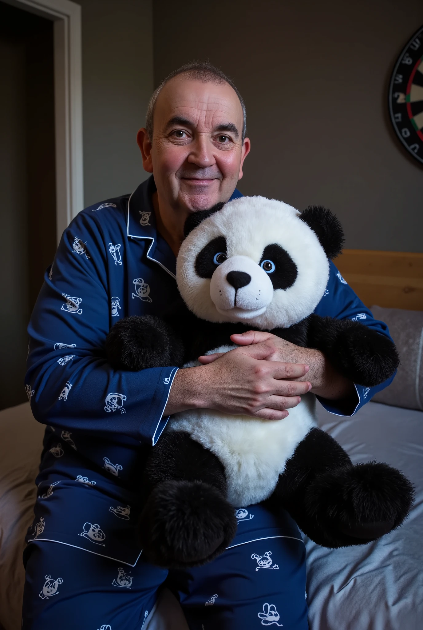 A high-resolution photograph of Phil Taylor sitting on the edge of a bed, wearing blue pyjamas with little bears on them, hugging a giant stuffed panda