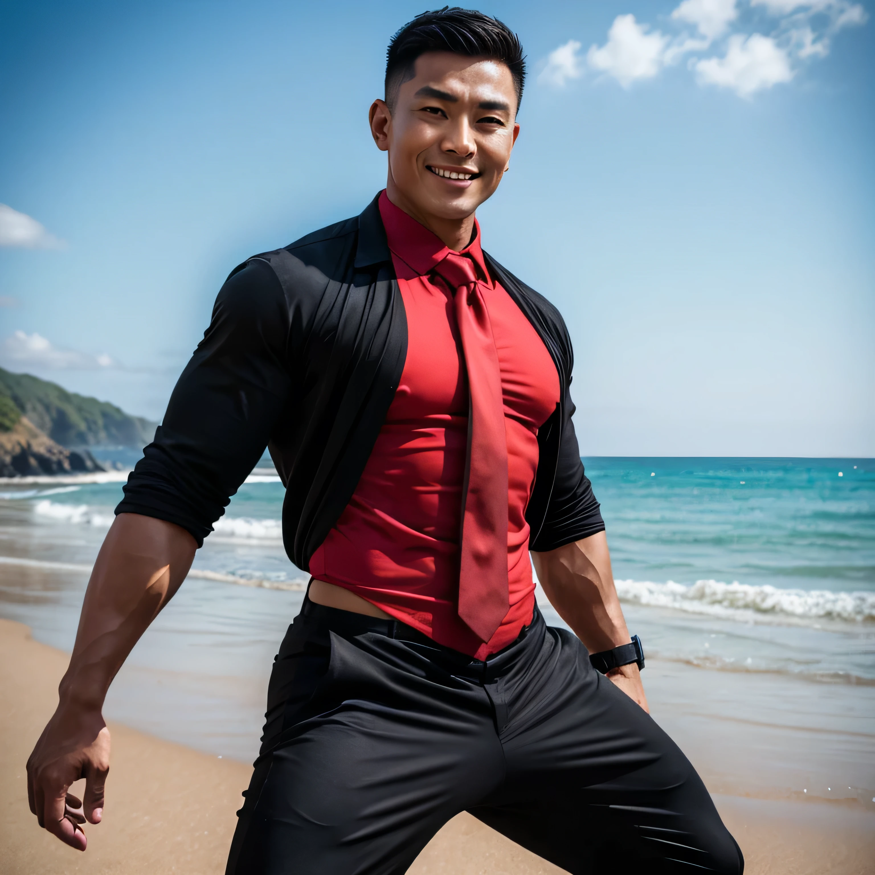 (Create a masterpiece: 1.2),(CGI art:1.3),(realistic:1.5),(After processing:1.3), (Sharp focus:1.3), 1 man, open mouth, smile, (Navy blue round neck shirt), Navy cargo pants, Korean guy , korean men, (High gloss details), chest muscles, large arm muscles, blood vessel, Big muscles, Broad shoulders, looking at the audience, Balancing the eyes, Seaside, beach, sunlight, running towards the camera