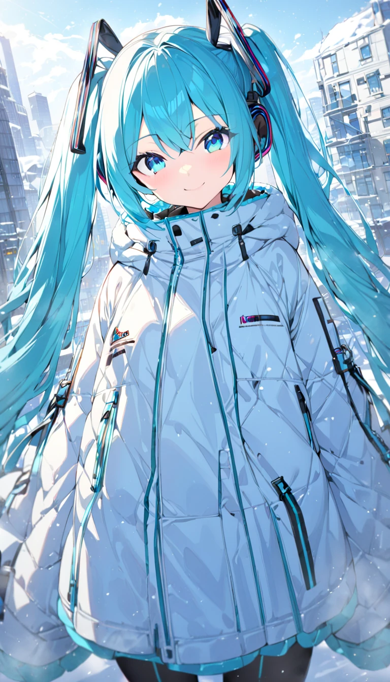 girl masterpiece, best quality high resolution, twintails, blue hair, blue eyes, very long hair, middle breast, detailed face, beautiful shape,  hatsune miku, wearing winter coat, ear muff, wearing mini skirt , gripping a rifle, standing, smiling, detailed background, buildings, snowy sky, 