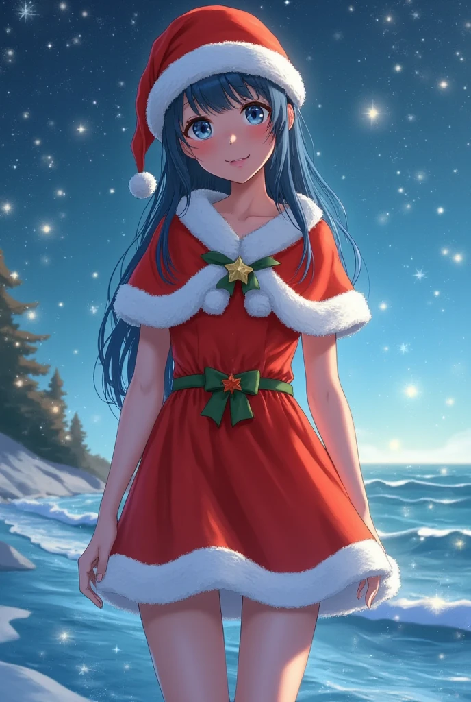 santagirl,chirtsmas,Award-winning photography，with many star，stars surrounding the girl，The color Dawn Blue ，blue waves，happiness，dreamy fairy tale，fantasy，bright background，reflection，colorful，starry sky，8k,
Waiting to start 
