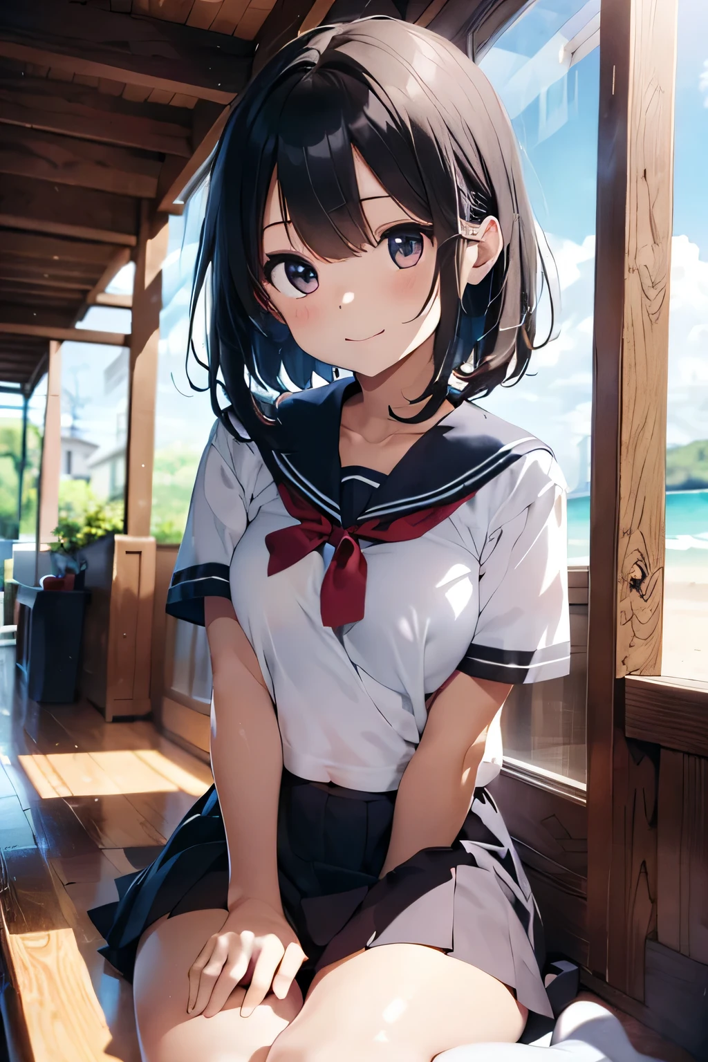 (extremely high quality artwork), (extremely detailed CG 8k), (masterpiece) ,(extremely cute girl), short, (innocent face), ((innocent smile)), shiny hair, (slim body), (small breasts), ((finely detailed beautiful eyes)), (eyes with brightness), look at viewer, (cowgirl position on sandy beach), (open legs), (school uniform), (white sailor suit), (black very short skirt), navel-baring, (thighs), beautiful skin, pale skin, shiny skin, (bright color), vibrant colors, outdoors, natural light, (glare), correct finger shape, correct number of fingers, open mouth,