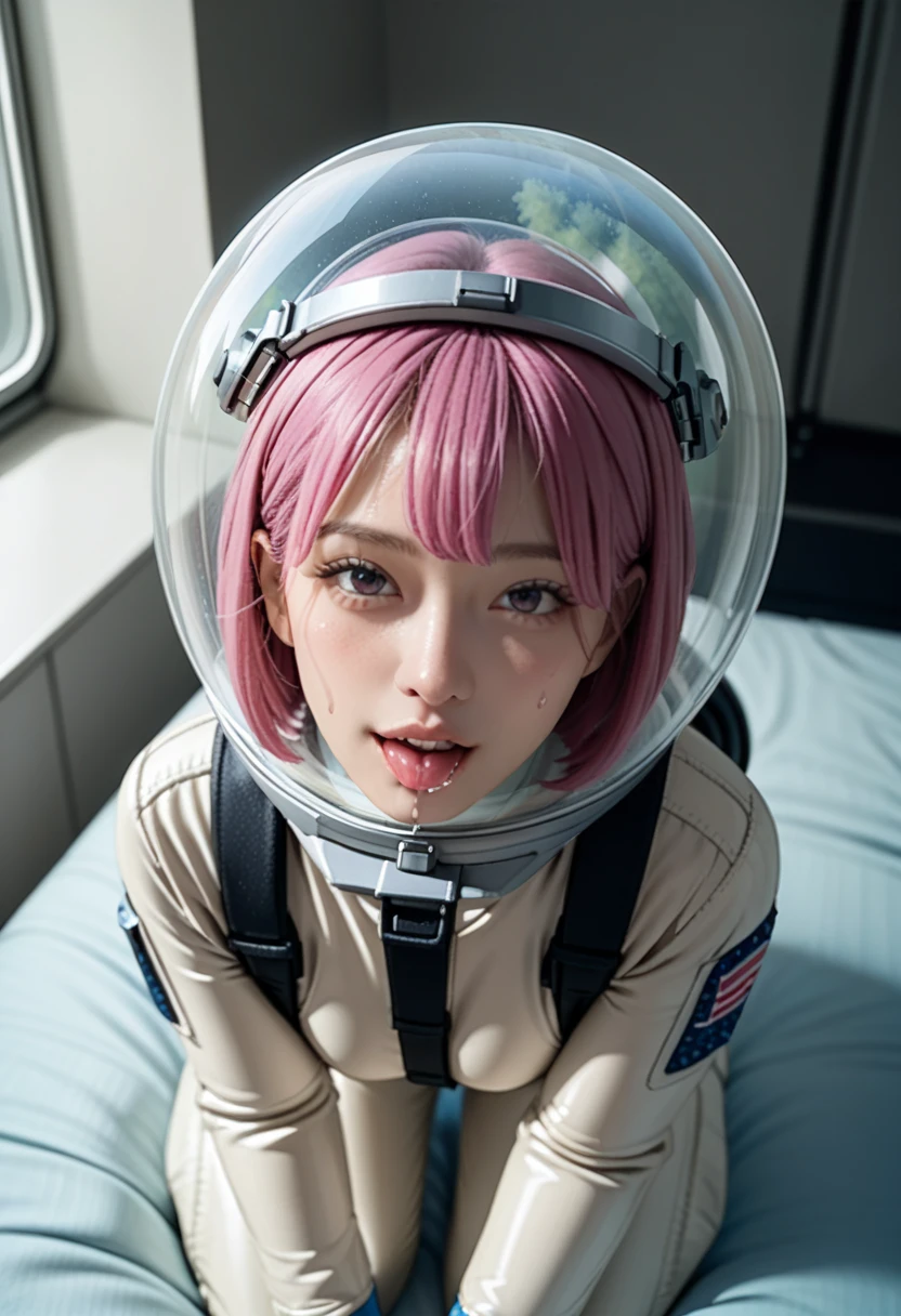 from above, bubble helmet, (,(spacesuit:1.15), white cargo pants, astronaut)space helmet, lush, , looking at the viewer, , indoors, in bed, bed, masterpiece, best quality, 1girl, solo, , looking at the viewer, bed, masterpiece, best quality, 1girl , solo, ,, pink medium hair,, drooling, sweat, shaking, (doggystyle,, ) , bob cut, space helmet, ahegao