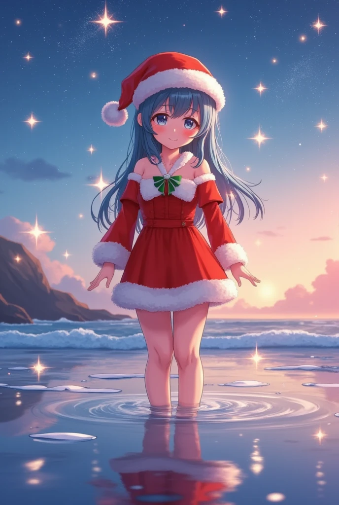 santagirl,chirtsmas,Award-winning photography，with many star，stars surrounding the girl，dawn blue，blue waves，happiness，dreamy fairy tale，fantasy，bright background，reflection，colorful，starry sky，8K,