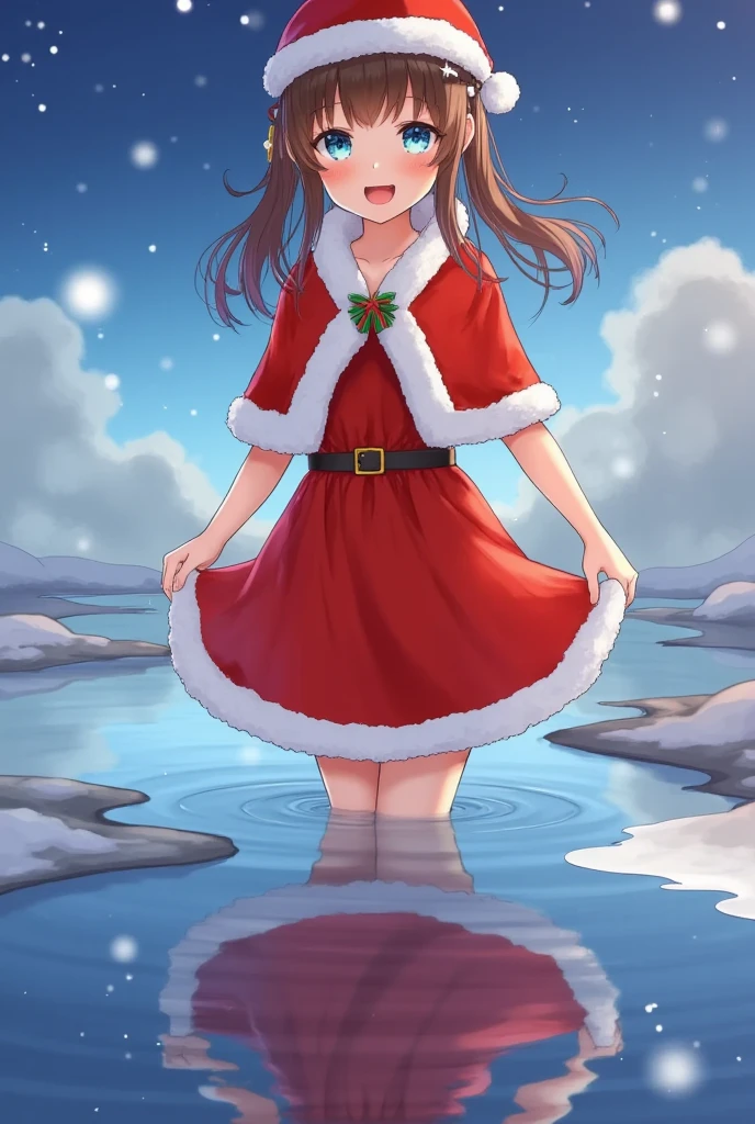 santagirl,chirtsmas,Award-winning photography，with many star，stars surrounding the girl，dawn blue，blue waves，happiness，dreamy fairy tale，fantasy，bright background，reflection，colorful，starry sky，8K,