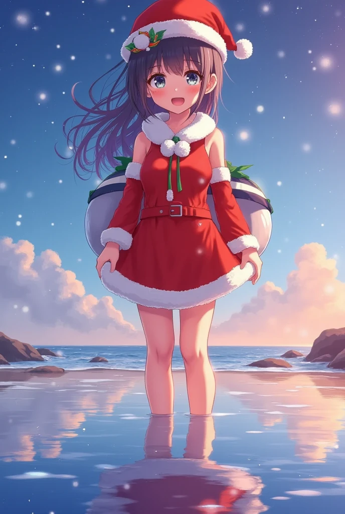 santagirl,chirtsmas,Award-winning photography，with many star，stars surrounding the girl，dawn blue，blue waves，happiness，dreamy fairy tale，fantasy，bright background，reflection，colorful，starry sky，8K,