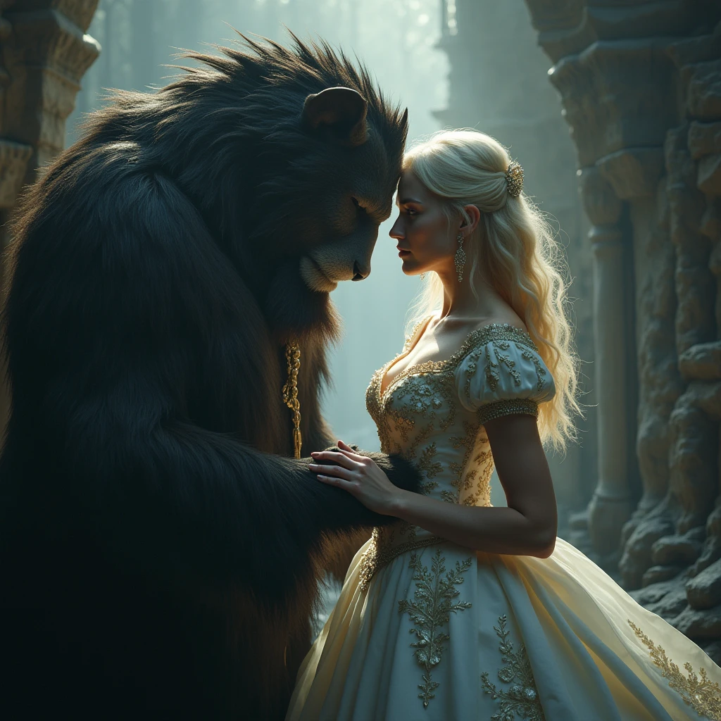 A captivating photograph that captures the essence of a woman and the Disney Beast dancing together in a timeless embrace, reminiscent of Disney's enchanting days in the 90s. The woman is dressed in an elegant ball gown, exuding grace and beauty, while the Beast, a muscular, hairy monster is depicted in his majestic, transformed state, exuding a mixture of strength and brutality. The photograph is taken in a large ballroom with sparkling chandeliers overhead, creating a magical atmosphere. The lighting is soft, accentuating their movements and highlighting their joyful, romantic expressions. The photo captures the classic Disney aesthetic with vibrant colours and a touch of nostalgia, bringing the beloved characters and their iconic dance to life in a high-quality, visually stunning way. The shot was taken using a professional DSLR camera and prime lens (50mm or 85mm) to capture the intricate detail and depth of field, emphasising the bond between the two characters.