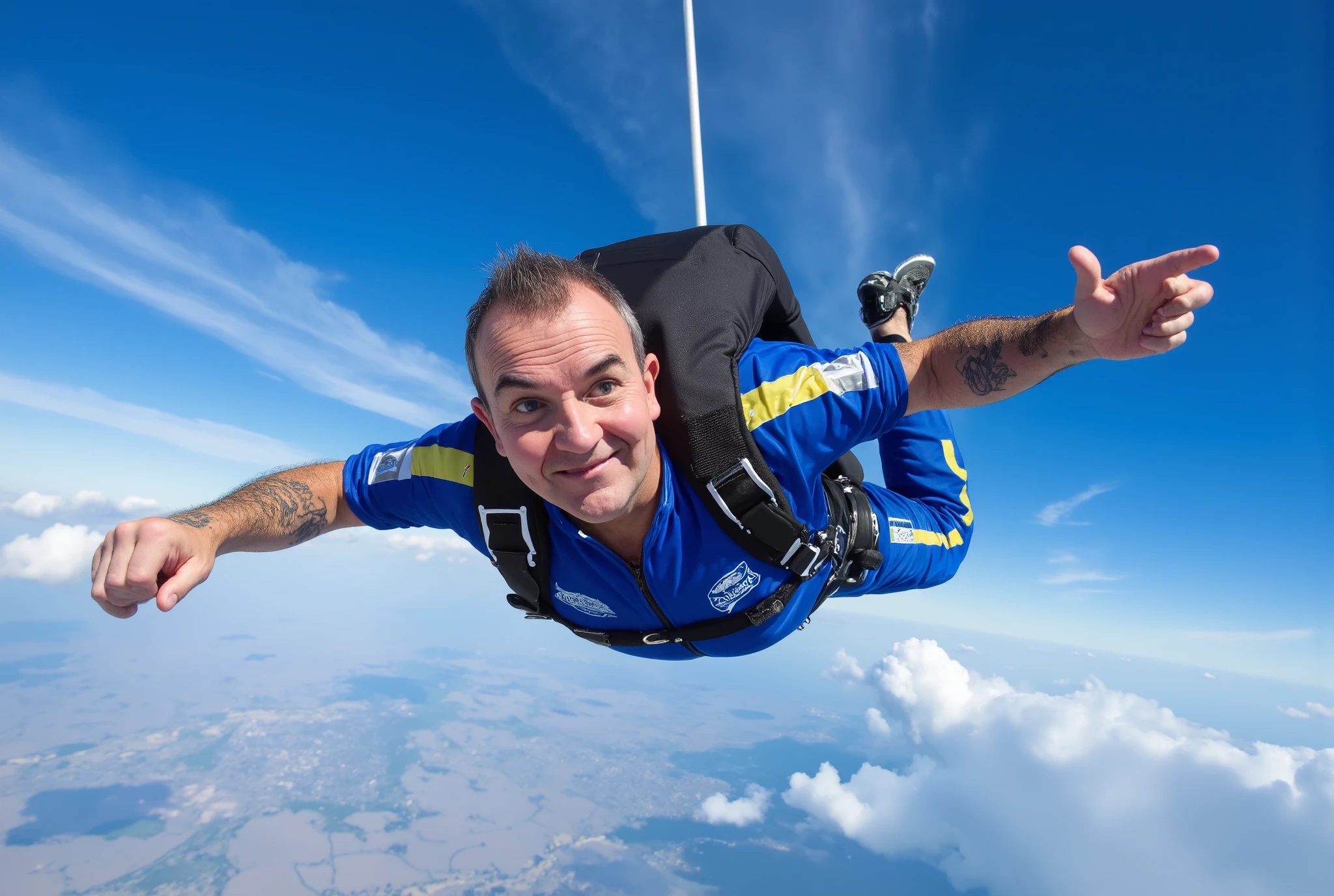 A high-resolution photograph of Phil Taylor solo skydiving, a POV shot in freefall