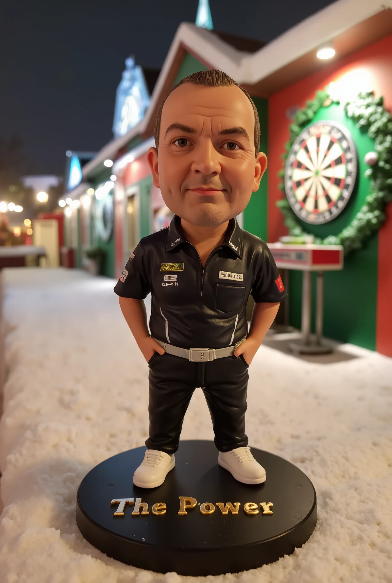 This is a high-resolution photograph of a detailed, miniature action figure of Phil Taylor, standing on a round, black base. The figure, which appears to be modeled after a portly dart player, has a rugged, intense expression. He is wearing a darts shirt with a silver belt and black pants. The figure also wears white sneakers. The figure is positioned centrally in the image, with its hands in pockets, giving it a stance that suggests relaxation. 3d text reading "The Power" is engraved in gold in the base. The background is slightly blurred, with a bokeh effect that highlights the figure and creates a sense of depth. The background appears to be an outdoor, snowy Christmas setting, with festive lights and elements. The colors in the background are warm and vibrant, with a mix of green, whites, and red hues, suggesting it might be a park or a public space during winter. The lighting is from Christmas lights, casting soft shadows and adding a warm glow to the scene. The overall mood of the image is dynamic and focused, emphasizing the detailed and expressive miniature figure.