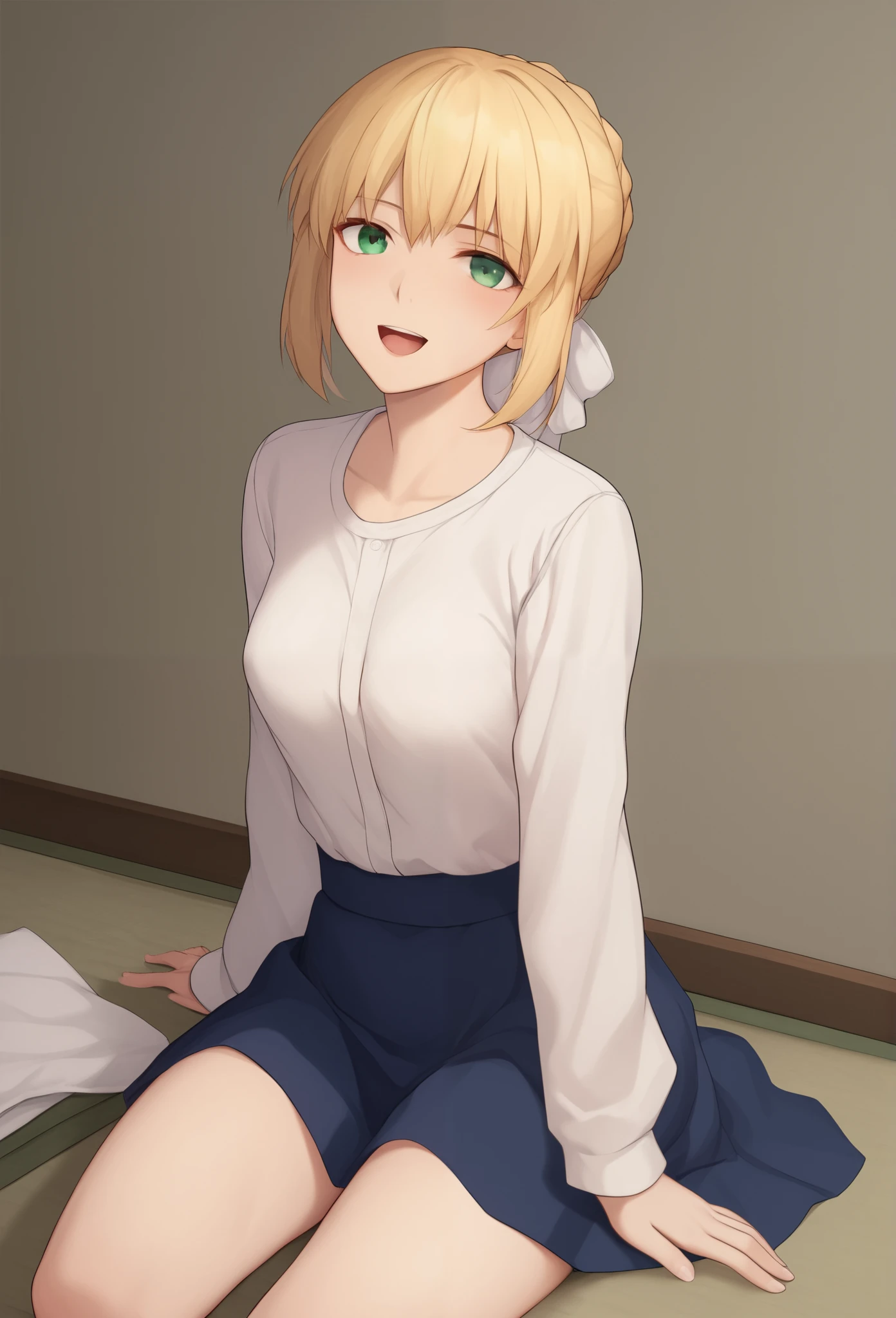  1 girl, Alone, Saber FS , Blonde,  green eyes,  short hair,  French braid ,  , Saber Casual,  white shirt, loose bow ,  Long Sleeve ,  disheveled high waist skirt,  open blue skirt ,  small breasts,  Beautiful breasts ,  front、A room with Japanese tatami、 red cheeks 、 without standing、 see panties 、sit on futon、Bitchy look、A face that feels pleasure