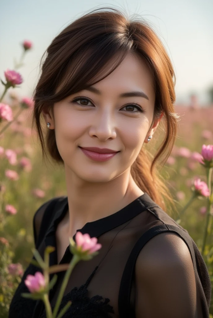 Mature Woman, ( Detailed description of the hair), (Detailed description of the face), (Detailed description of the body), high definition , masterpiece,  top quality ,  high detail, formal: 1.4), ( realistic : 1.2, 超 realistic な: 1.1,  realistic: 1.37), (Sharp focus: 1.4),  is written by,  PHYSICAL BASED RENDERING, half updo,  unrivaled beauty , (Ultimate beauty), (lipstick:1.1), ( eyeliner :1.2), ( mascara), ( Eye Shadow ), (48 years old,: 1.4), Japanese、 closeup 、 fine lines of laughter :1.2、seductive smile,(Black x sheer material shirt)、(flower field background )