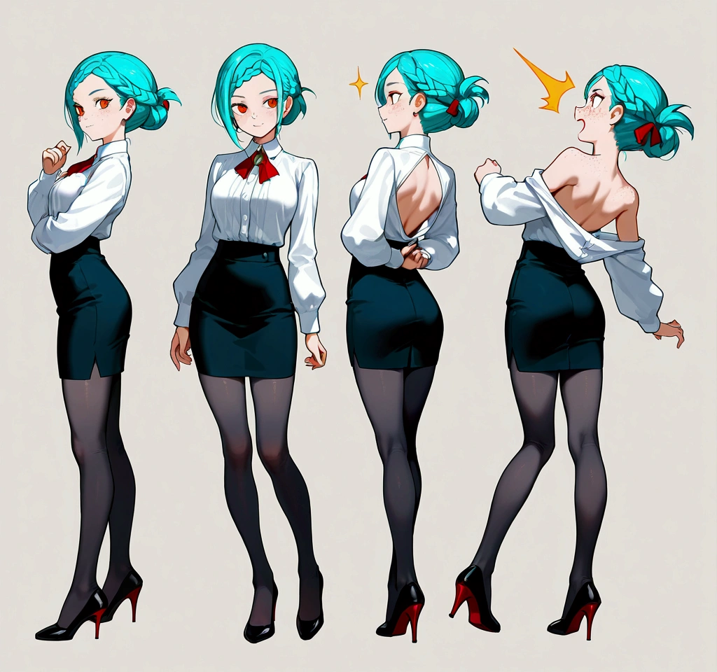 1girl, character sheet:1.2, BREAK, (best quality), 8k, masterpiece, aqua hair, short hair, braided bangs (hairstyle), calm, BREAK, orange eyes, joyful laugh, BREAK, freckles, BREAK, detailed face, medium breasts, BREAK, (red lipstick), (golden eyeshadow), BREAK, solid white background, BREAK, (grey pantyhose:1.2), (pantyhose back seam:1.4), BREAK, stiletto heels, red sole, BREAK, pencil skirt, offshoulder blouse,