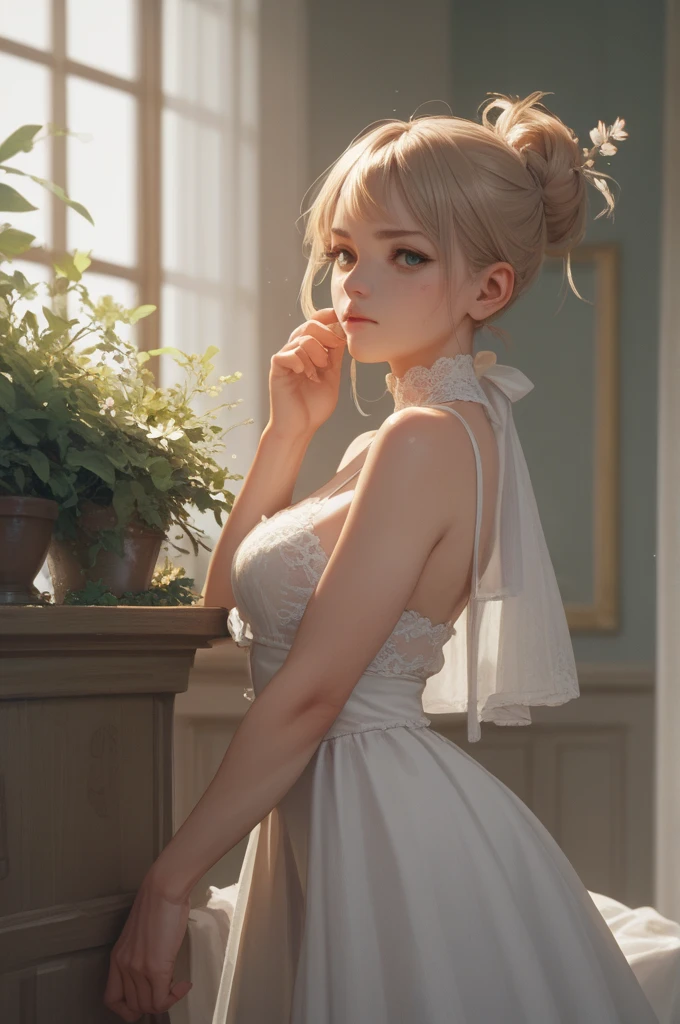 Pose: (masterpiece), (best quality), (detailed), light layer, 1solo girl, young girl, perfect body defined chest, defined collarbone standing in front of a mirror, gazing thoughtfully at her reflection. Her hand can gently touch the mirror or rest near her face, enhancing the connection between her and her reflection.
Expression: Calm and introspective, with a soft smile or a thoughtful gaze that conveys a sense of reflection and self-awareness.
Attire: Elegant and refined outfit such as a Corset Flared Crisscross Strap Dress, Punk Sleeveless Dress that complements the serene mood.
Hair: Styled neatly, blonde straight hair, enhancing the reflection.
Makeup: Subtle yet refined, with a focus on eyes and lips to create a balanced and elegant look in both the reflection and the main image.
Background: A softly lit room with an elegant mirror, such as a bedroom vanity, a grand hallway, or a minimalist bathroom that adds sophistication to the scene.
Lighting: Soft, diffused lighting that illuminates both her face and the reflection, creating a gentle glow and emphasizing the duality of the image.
Accessories: Delicate and minimal, such as a simple necklace, a pair of earrings, or a stylish watch, adding a touch of elegance without overpowering the scene.
Props: Optional, such as a small perfume bottle, a brush, or a piece of jewelry placed on the vanity, enhancing the reflective atmosphere.
Mood: Reflective, serene, and elegant.