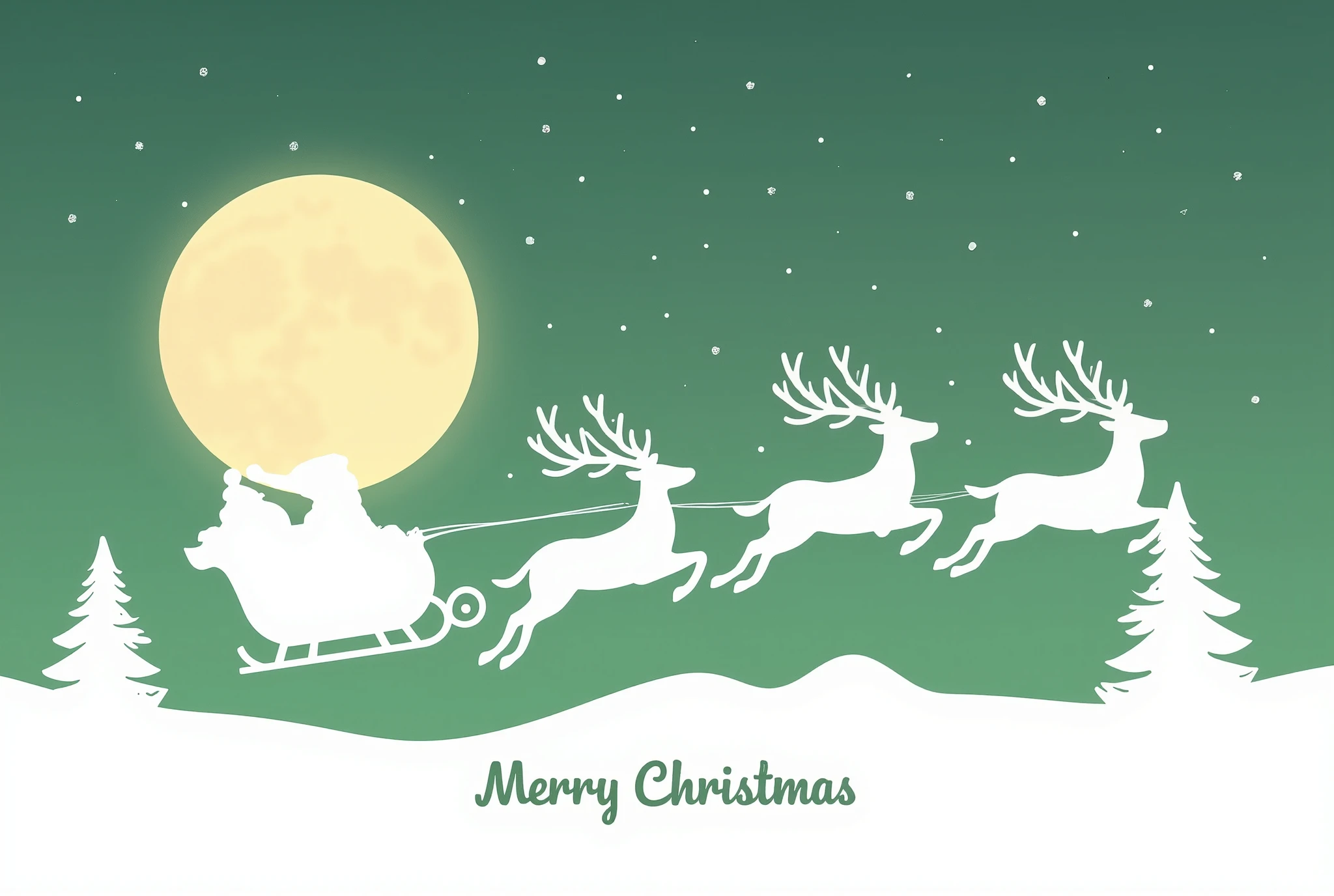 masterpiece, Best Illustration ,The white silhouettes of Santa and the reindeer flying with their backs to the moon are shown,,("  merry christmas"Draw the pop characters of:2.0),(Illustration based on white and green:2.0),( green background:2.0),(Ice crystals:2.0),