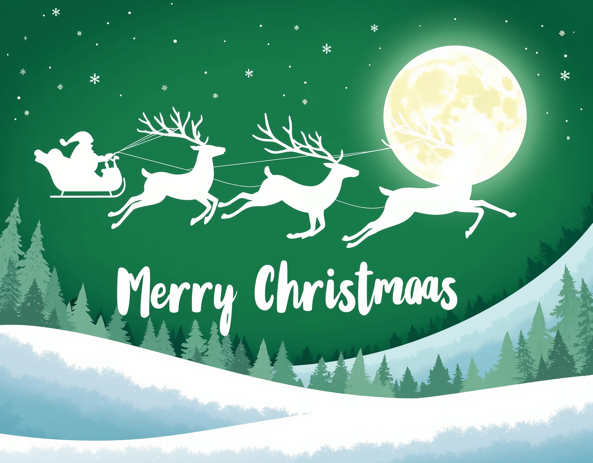 masterpiece, Best Illustration ,The white silhouettes of Santa and the reindeer flying with their backs to the moon are shown,,(" merry christmas"Draw the pop characters of:2.0),(Illustration based on white and green:2.0),( green background:2.0),(Ice crystals:2.0),