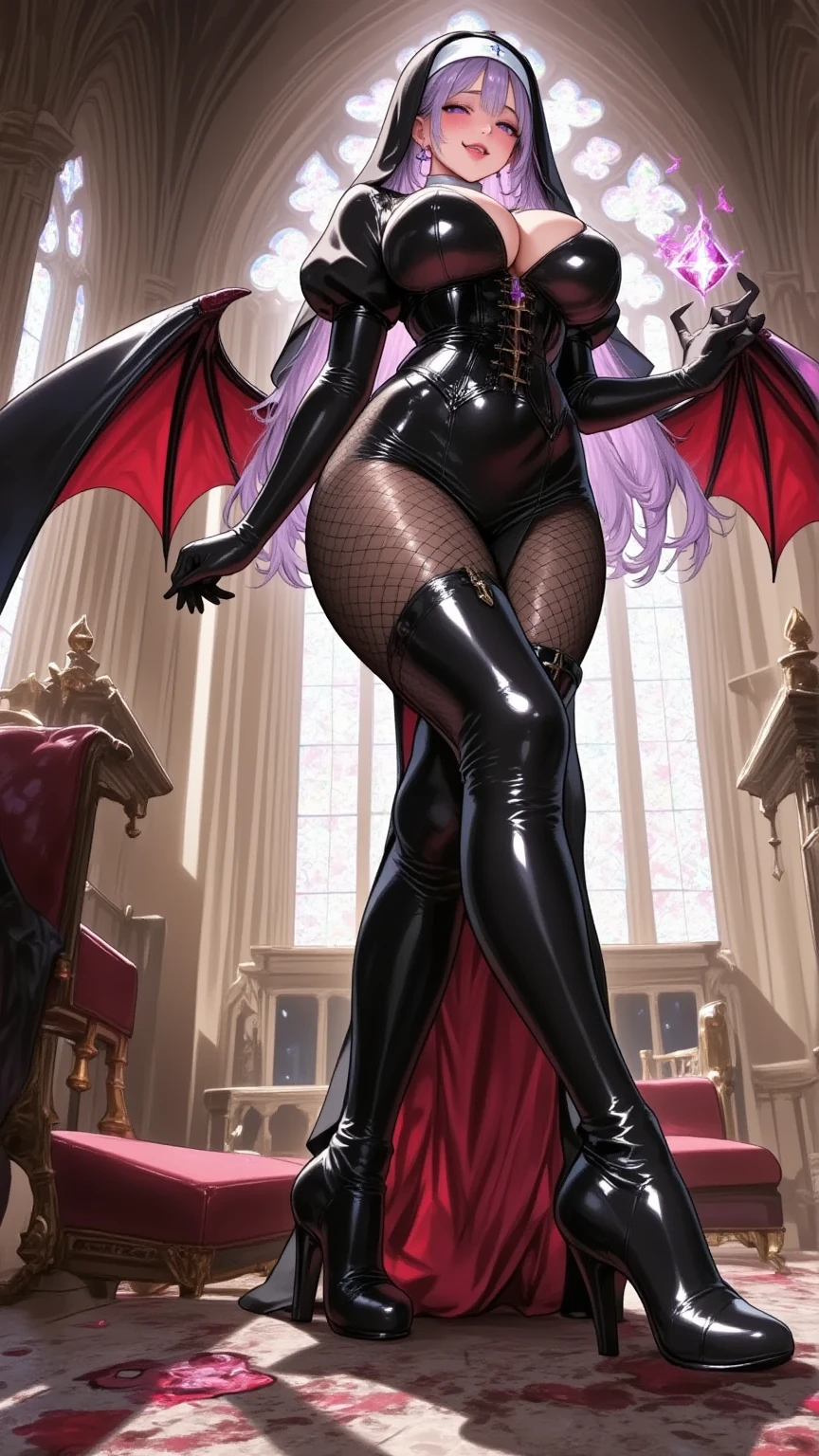  Young Beautiful Woman,(masterpiece, top quality , very detailed depiction, incredibly absurd high resolution,Curvaceous Body),(Nuns,ラテックスのNunsの服, bodystocking , black tights, boots),( purple eyes,Crazy Eyes, Big Breasts ,High quality skin,Glossy lips,Beautiful legs,Beautiful thighs),( bewitching smile,Seductive gestures),sweat, full body image ,background:bedroom