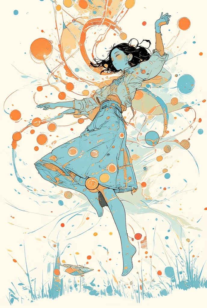 Woman dancing,Millerball,I'm plummeting to the ground , poster art, Screen Printing Poster,  graphic novel cover art ,  graphic details ,  promotional artwork , Poster illustration, Illustrated poster, By Jens Sondergaard  ,  fashion illustration drawn on a watercolor white paper background,Promotional Poster, , comic book cover , Inspired by Emil Lindenfeld ,Concentrated line, 