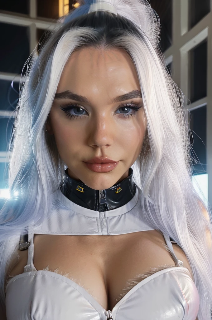 (8K), ( best quality),  ALEXIS-REN, straight-on,upper-body,looking a viewer, break, cartoony_Felicia_Black Cat Long hair,white colored hair,lipstick,blue eyes,makeup,lips,large breasts,clavicle,red-lips,claws,extra very long hair, mask,Bodysuit,domino mask,gloves,Choker,white gloves,collar,superhero,black bodysuit,fur-trim,cleavage,skin tight,zipper,spiked collar,unzipped,Jewelry,black choker,latex,glittering,center opening, break, official arts,extremely detailed CG unity 8k wallpaper, perfect lighting,colorful, Bright_front_s face_illumination,sparkly skin, (Masterpiece:1.0),(best_Quality:1.0), extra high resolution,4K,Ultra-detailed, photografic, 8k, HDR, hight resolution, (absurdress:1.2),  Kodak portra 400, Film grain, blurred background, (bokeh:1.2), lens flare, (Vibrants_color:1.2),professional photo of a, (Beautiful_s face:1.5), Protruding Breasts, Torpedo Tits, Hypermuscular Body, Very muscular girl, Super Huge Biceps, ripped muscles, White long hair