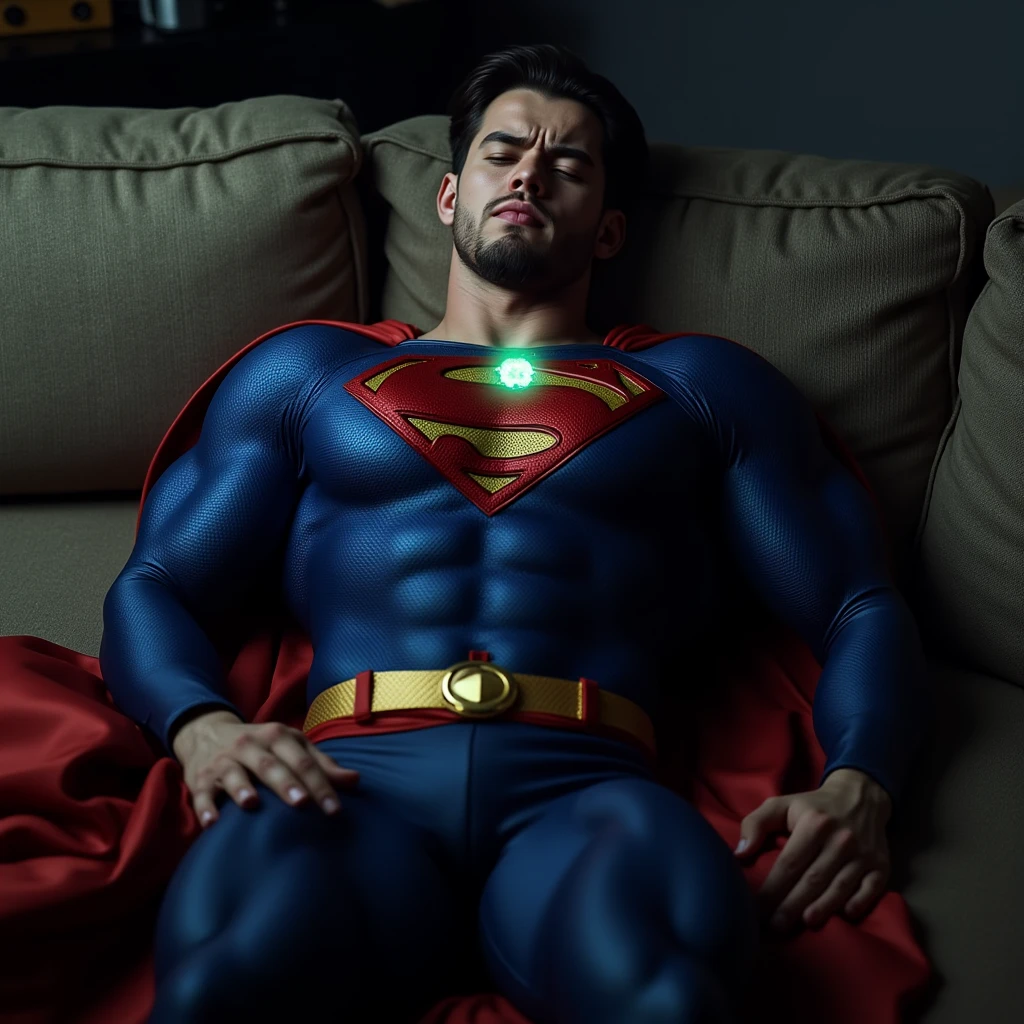 AustinTheory. wearing a blue Superman costume, Superman suit, His chest displays the iconic "S" symbol. Superman's traditional red cape is present, attached to the shoulder and flowing behind him, lies on a sofa at home, pained facial expression, almost unconscious, eyes closed, a glowing emerald green crystal pendant hanging around his neck,