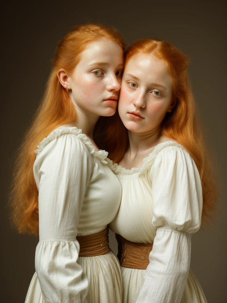 Portrait de gouvernante, a girl whispering into another girl's ear, overhead view, 1800s aesthetic, redhead and blonde hair, sharp facial features, (gigantic breasts:1.3), long puff sleeves, cinched waist, refined silk or fine cotton fabric, 