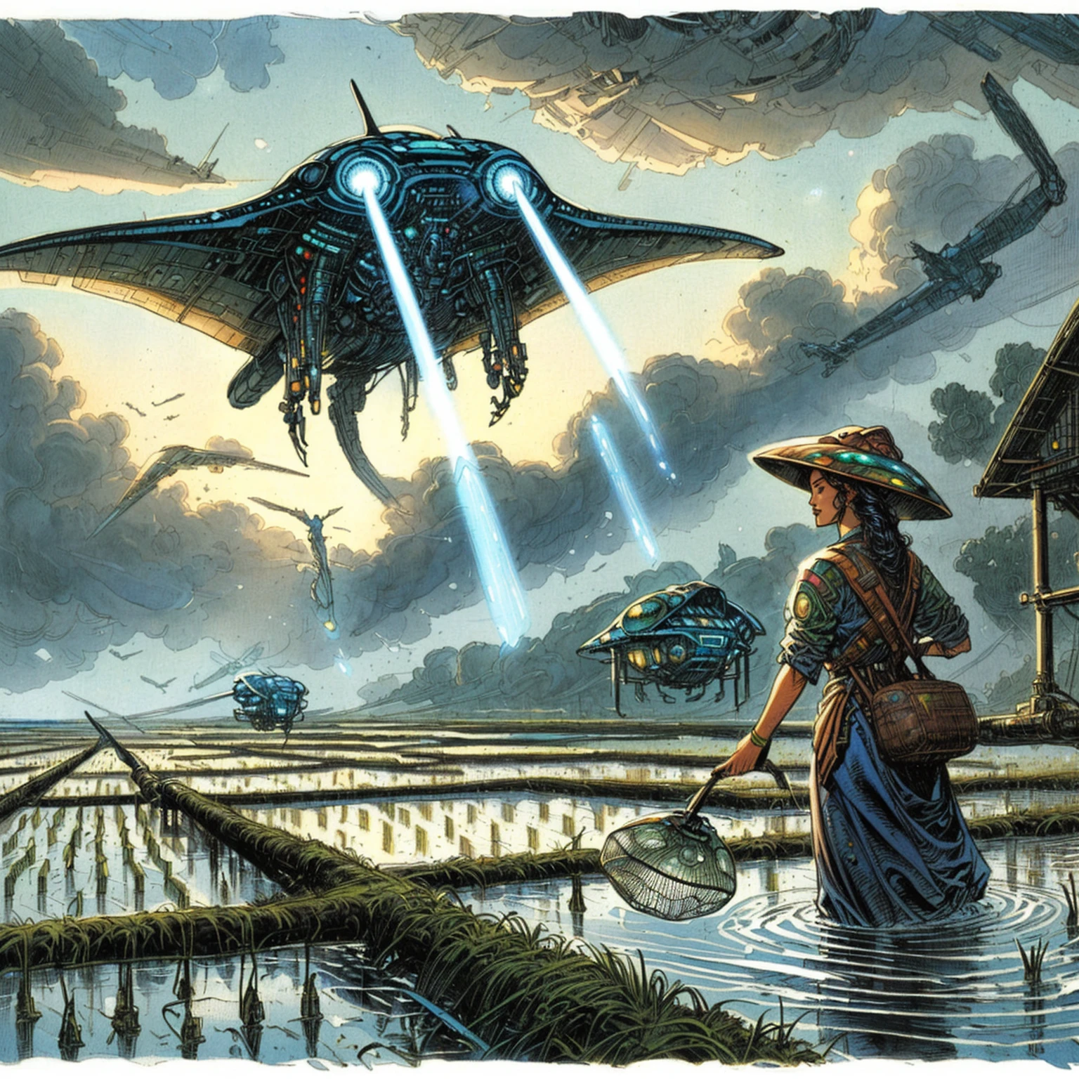 illustration of a woman in a rice field with a giant alien ray flying over her, alejandro burdisio art, inspired by Ren Xun, by David G. Sorensen, inspired by Bruce Pennington, inspired by Alejandro Burdisio, by Alejandro Burdisio, by Jason Felix, sci - fi illustrations, sci-fi illustrations, ancient science fiction art