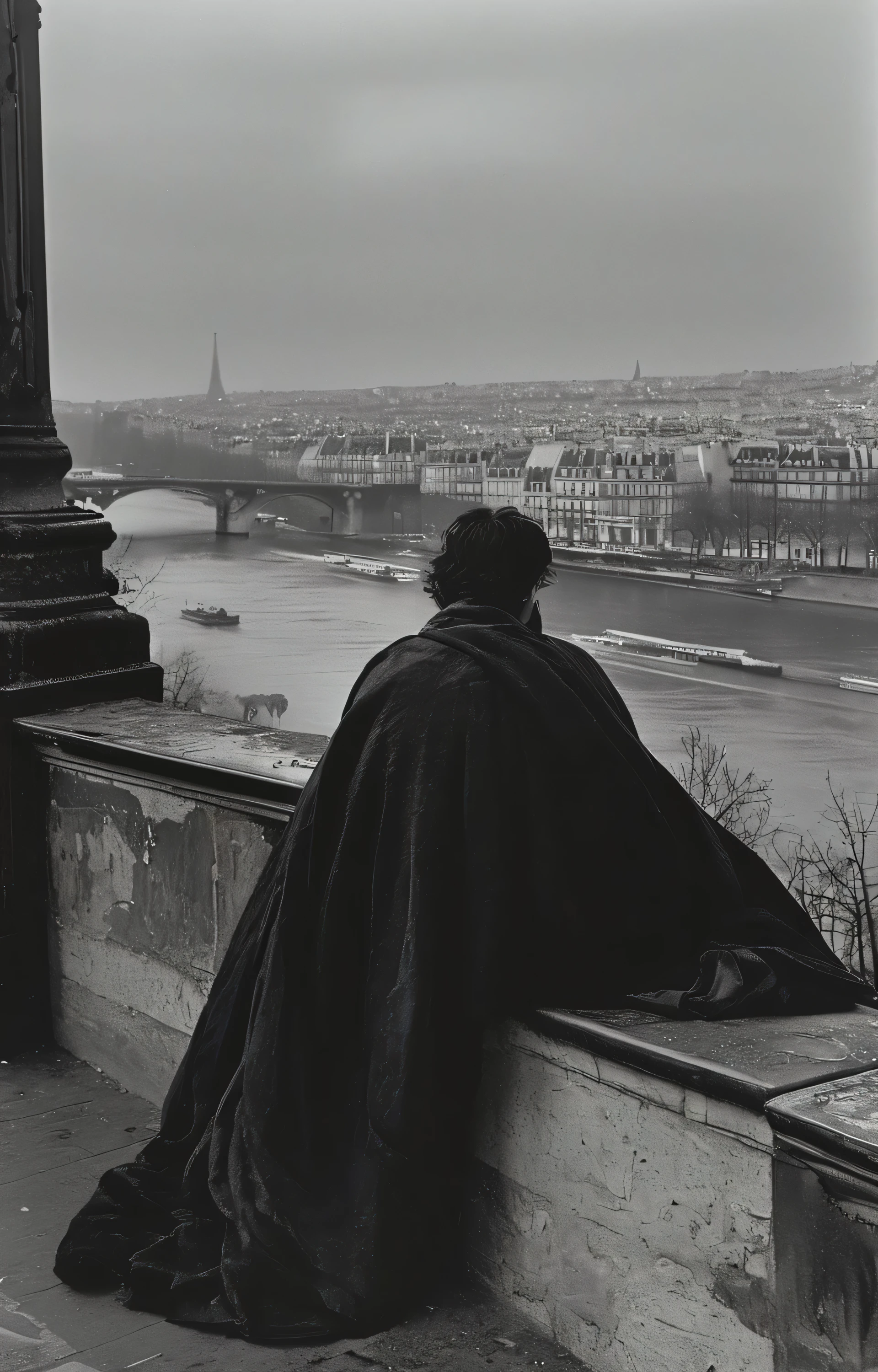 In the distance in Paris along the Seine is a glimpse of a handsome thin man in his mid-60s with long hair, who looks like Marlon Brando, dressed in a long coat and a choker, walking with his dog along the Seine. In the distance a boy and a girl can be seen embracing and kissing. The girl is wearing only briefs but has a bare chest and no bra.The black-and-white photo is taken from above the Pont Neuf. The photo is taken at a wide angle.The style is that of Henry Cartier Bresson.