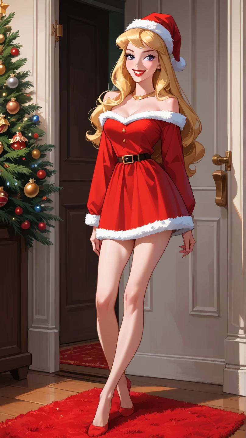 PonyXLV6_Scores ,source_anime, masterpiece,best quality, highly detailed,cinematic, full body frontal view, BREAK Disney princess Aurora ,1girl, solo, blonde loose and long hair, thin face, purple eyes, red lips, smiling, fair skin, ((Princess Aurora standing on a red carpet in front of a chimney, wearing a sexy Christmas outfit, Christmas cap, no shoes, room decorated as Christmas season))slim body, medium breasts, naughty face, (Aurora's face exactly as original Disney character),