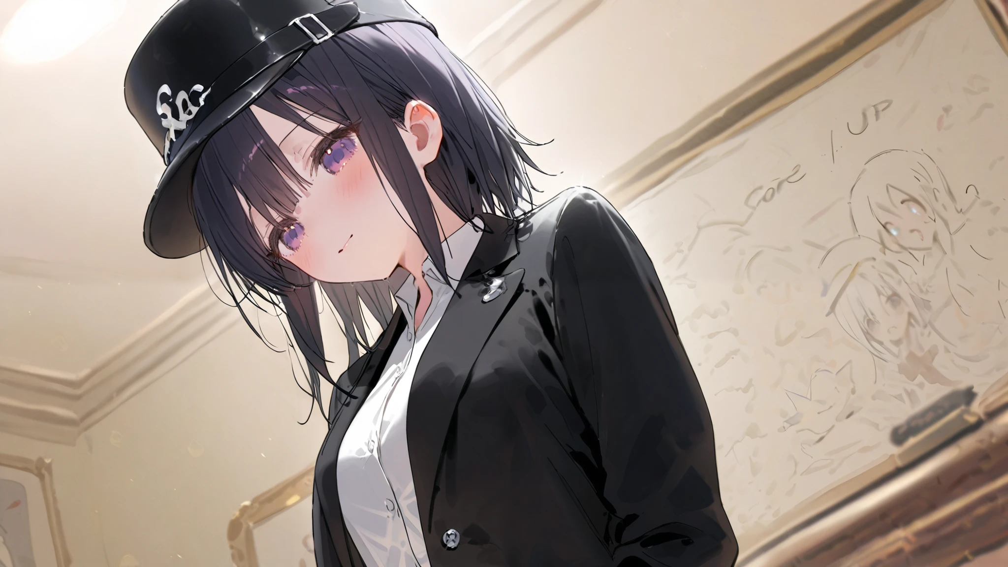  cute magician anime girl、 silk hat、short black jacket 、 White Buttoned Tee 、Trump、 Scenario Backdrop 