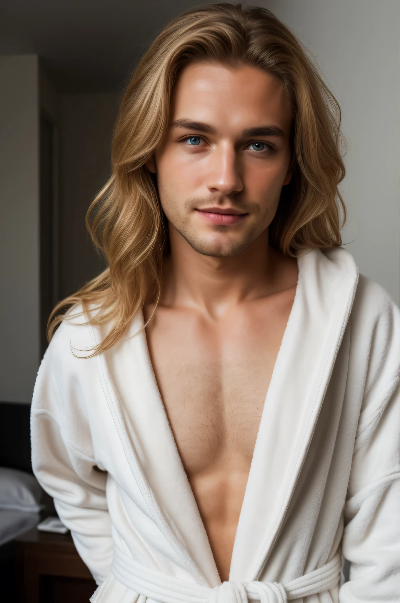 Art photography, emphasizing the colors and proportions of a man's strong but gentle body. In an atmosphere of warm tones and natural light, he has blonde hair, and beautiful chest hair. A see-through white cloth covered the naked bottom,penis ,The model lies in a pose resembling The Creation of Adam.,The atmosphere is a flower garden, soft sunlight, soft, soft light tones, taken with a film camera ,full body shot ,Depth of Field ,dust bokeh